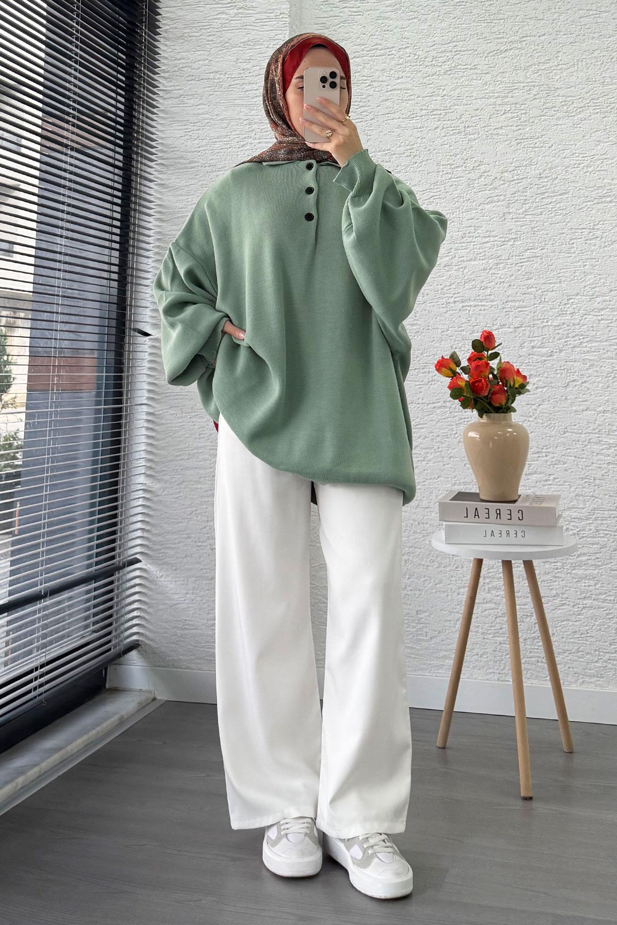 Gömlek Yaka Kadın Oversize Triko Kazak - Mint