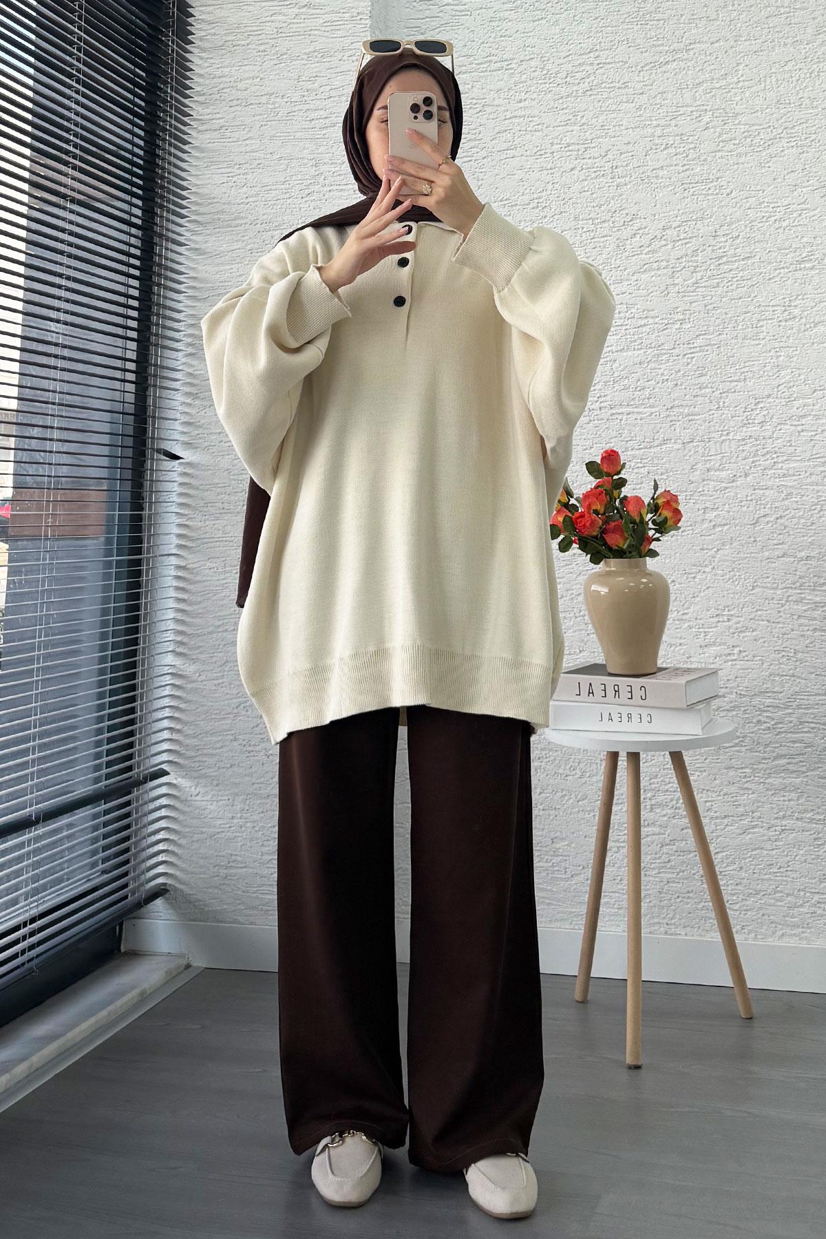 Gömlek Yaka Kadın Oversize Triko Kazak - Ekru