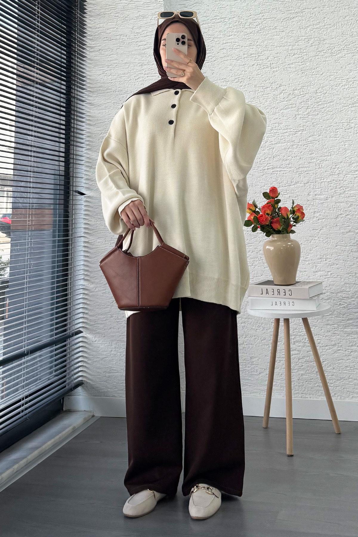 Gömlek Yaka Kadın Oversize Triko Kazak - Ekru