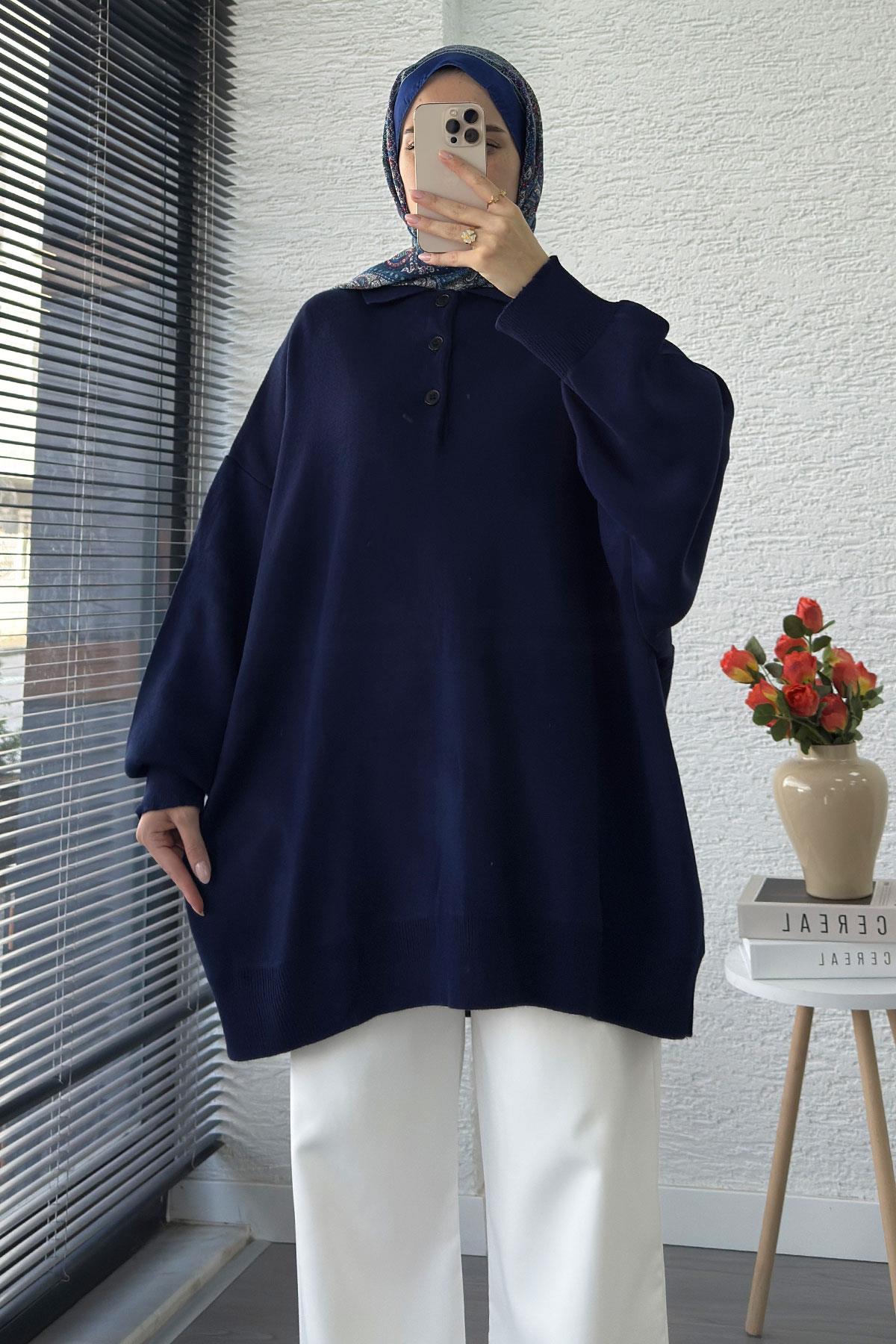 Gömlek Yaka Kadın Oversize Triko Kazak - Lacivert