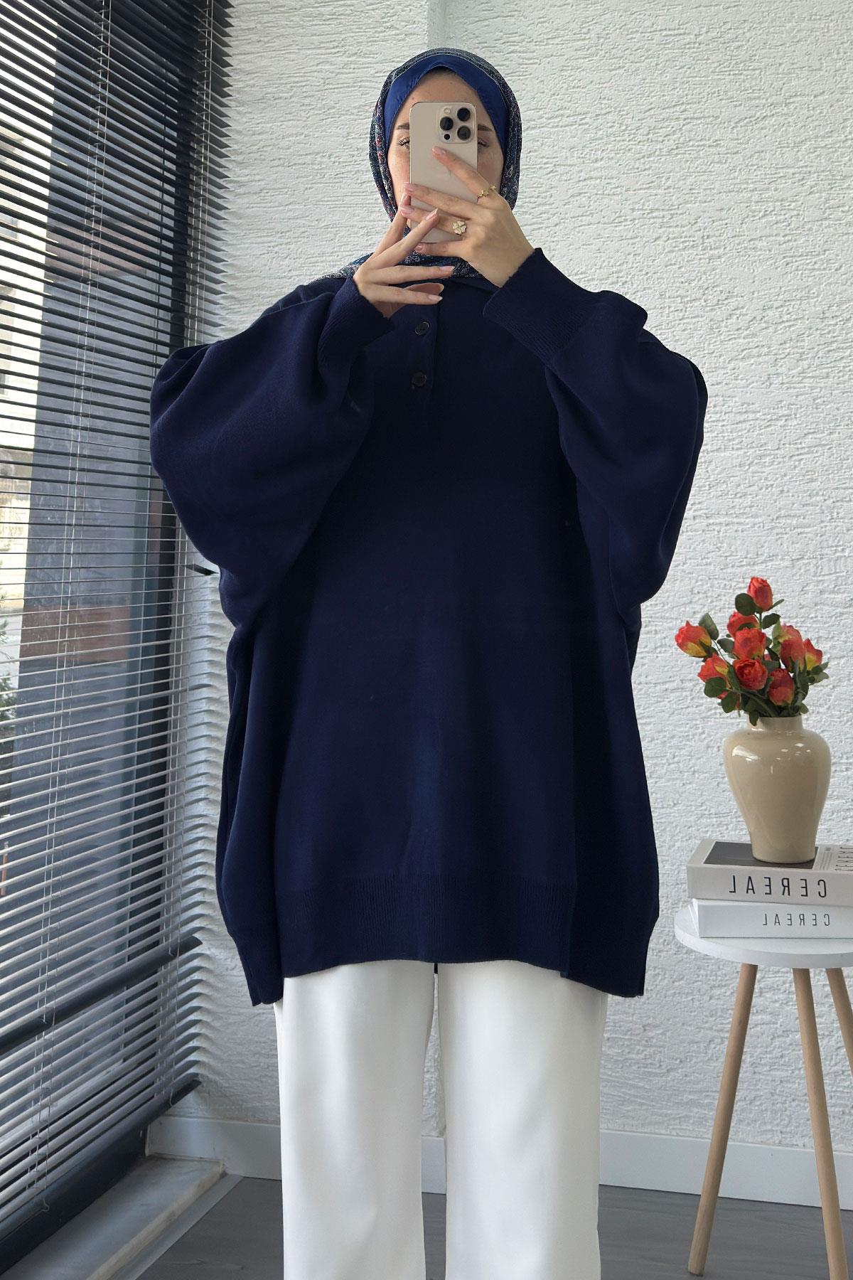 Gömlek Yaka Kadın Oversize Triko Kazak - Lacivert