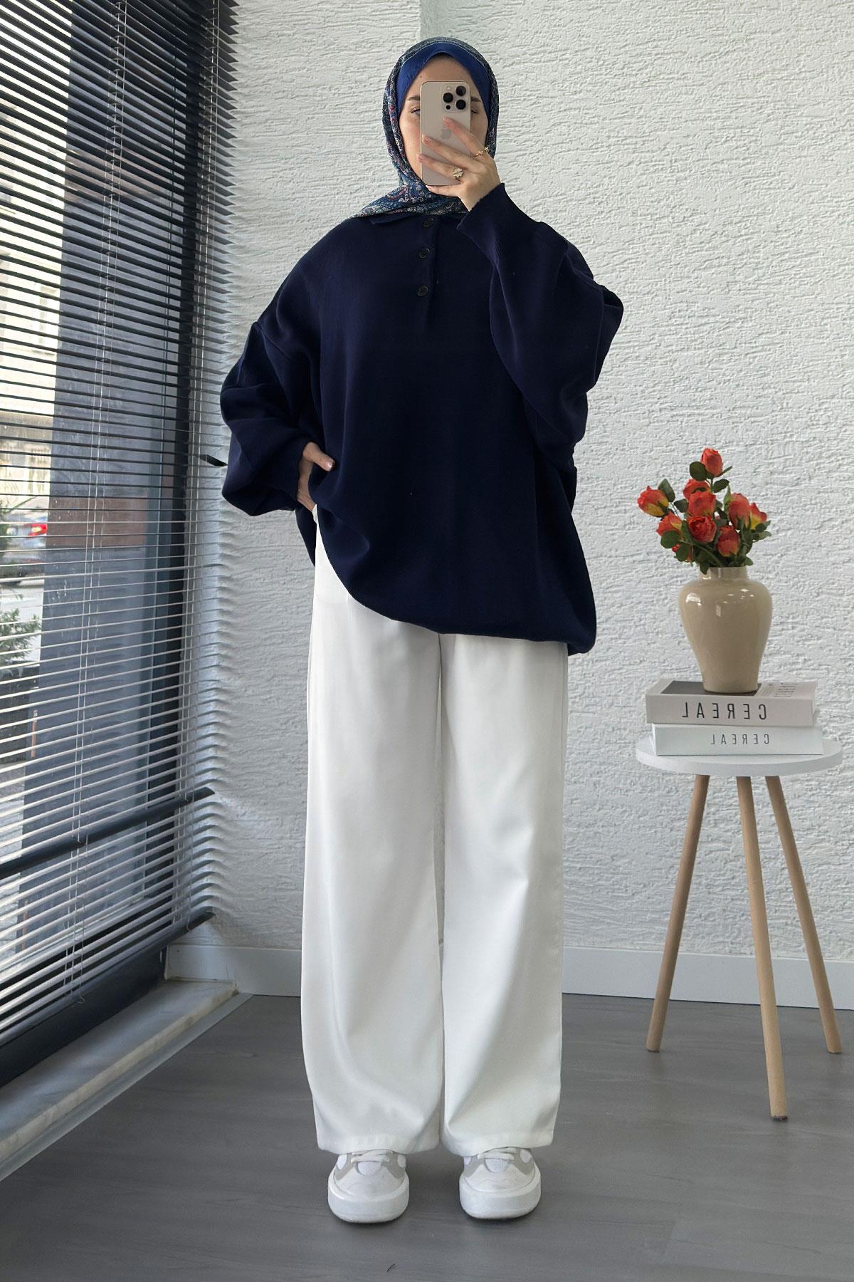 Gömlek Yaka Kadın Oversize Triko Kazak - Lacivert