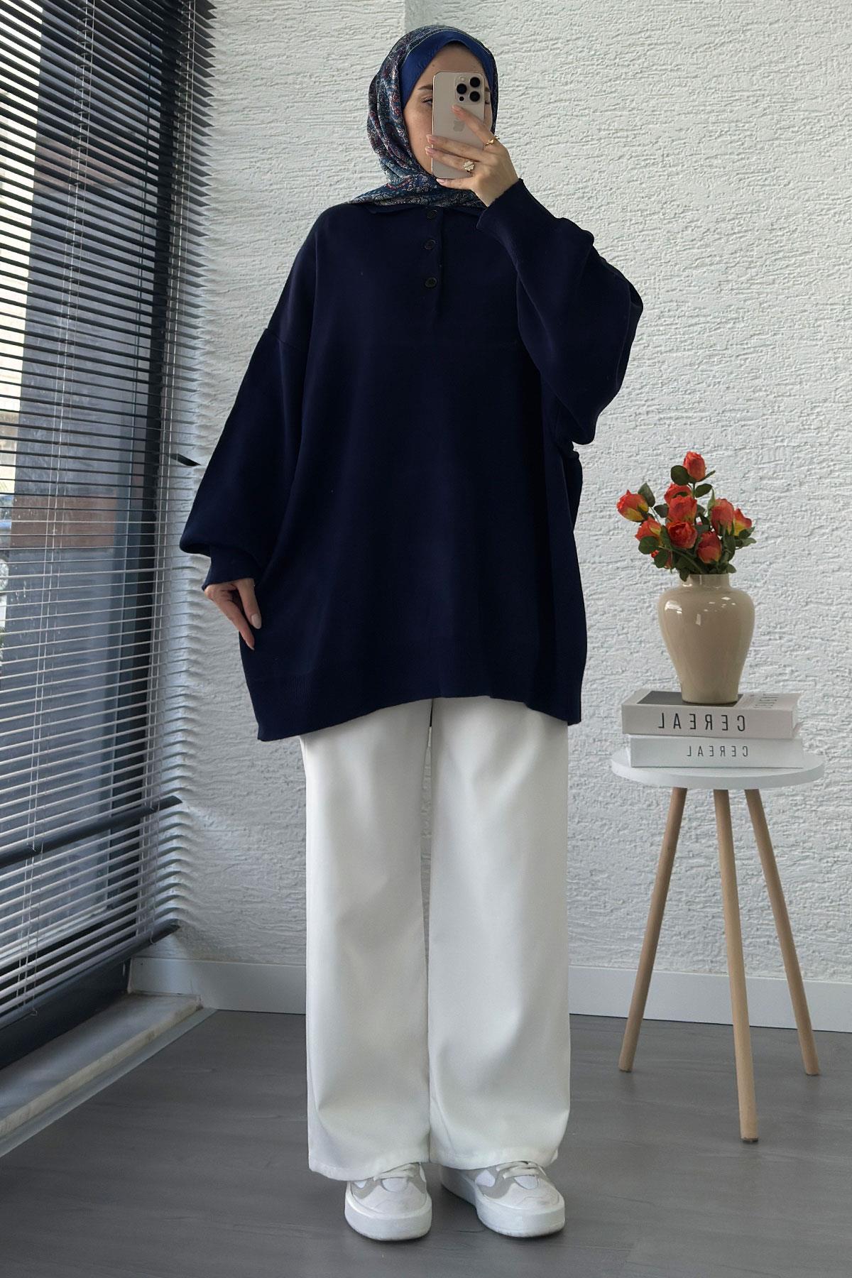 Gömlek Yaka Kadın Oversize Triko Kazak - Lacivert