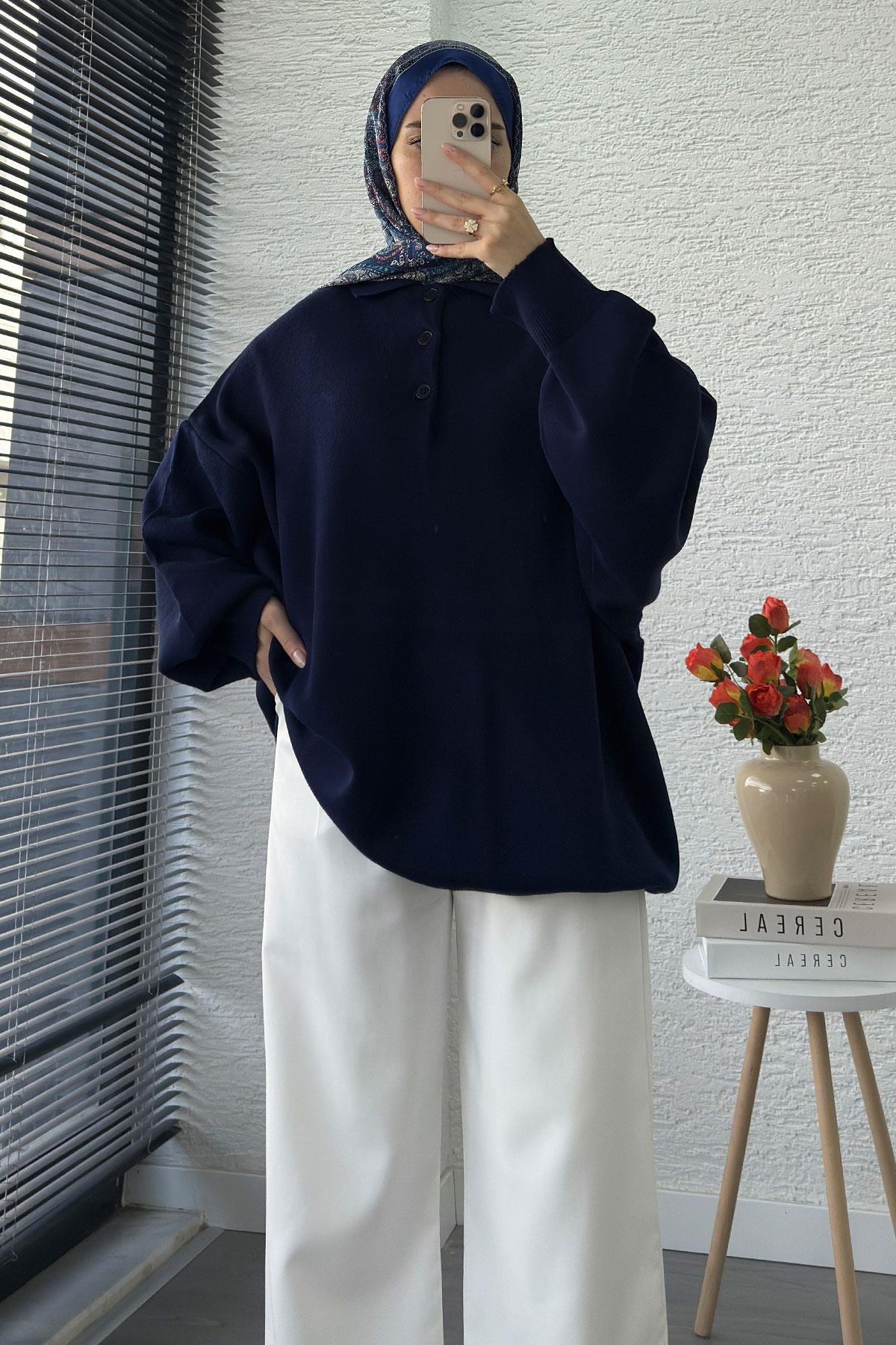 Gömlek Yaka Kadın Oversize Triko Kazak - Lacivert