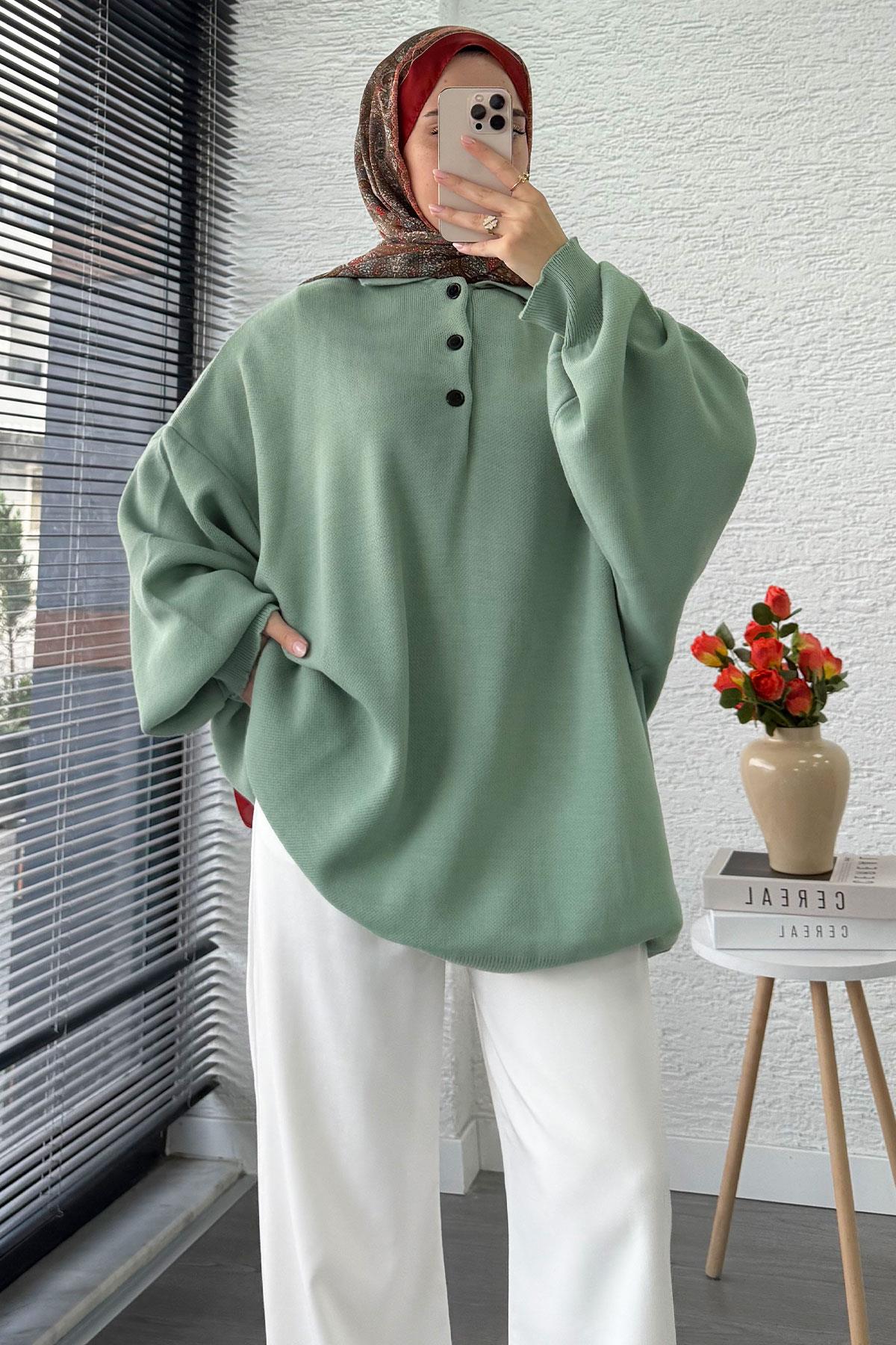 Gömlek Yaka Kadın Oversize Triko Kazak - Mint