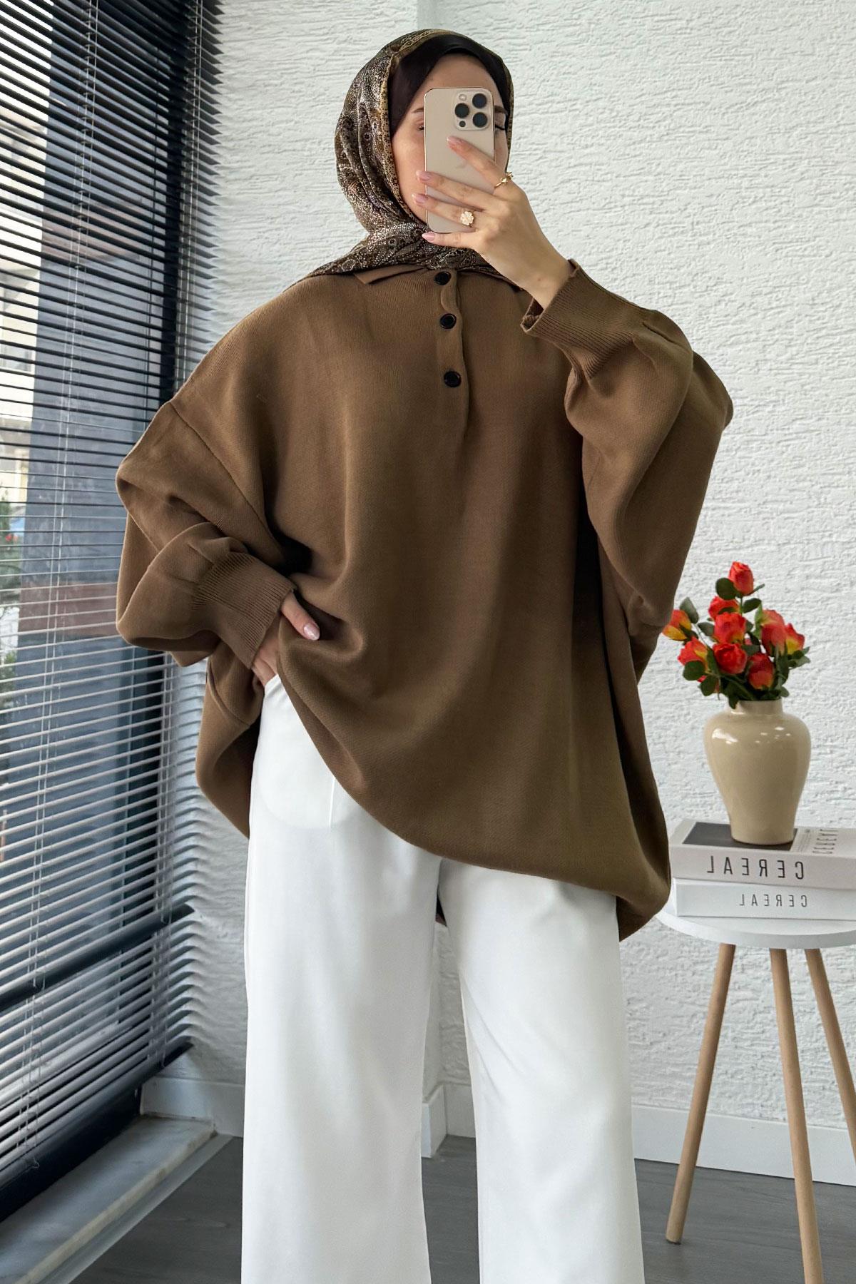 Gömlek Yaka Kadın Oversize Triko Kazak - Kahverengi