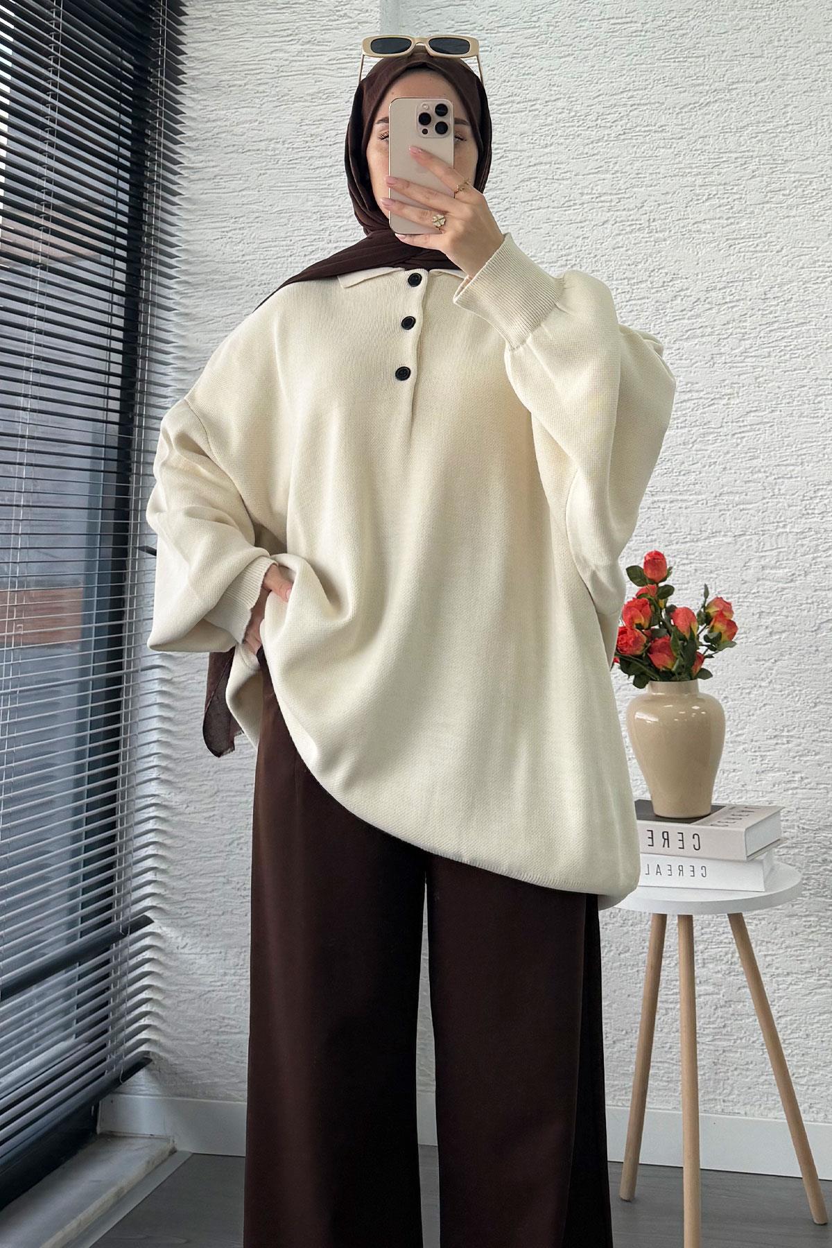 Gömlek Yaka Kadın Oversize Triko Kazak - Ekru
