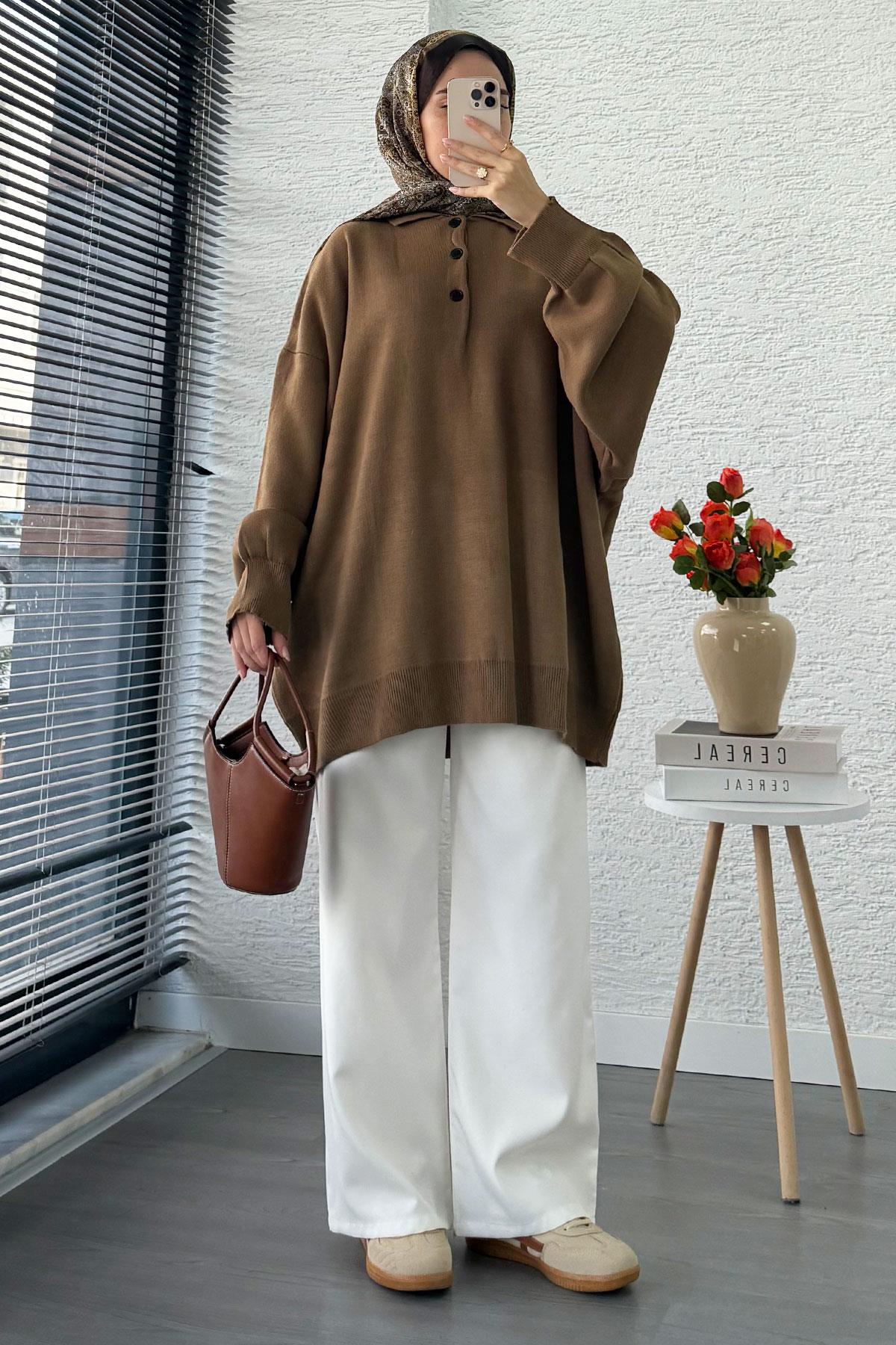 Gömlek Yaka Kadın Oversize Triko Kazak - Kahverengi