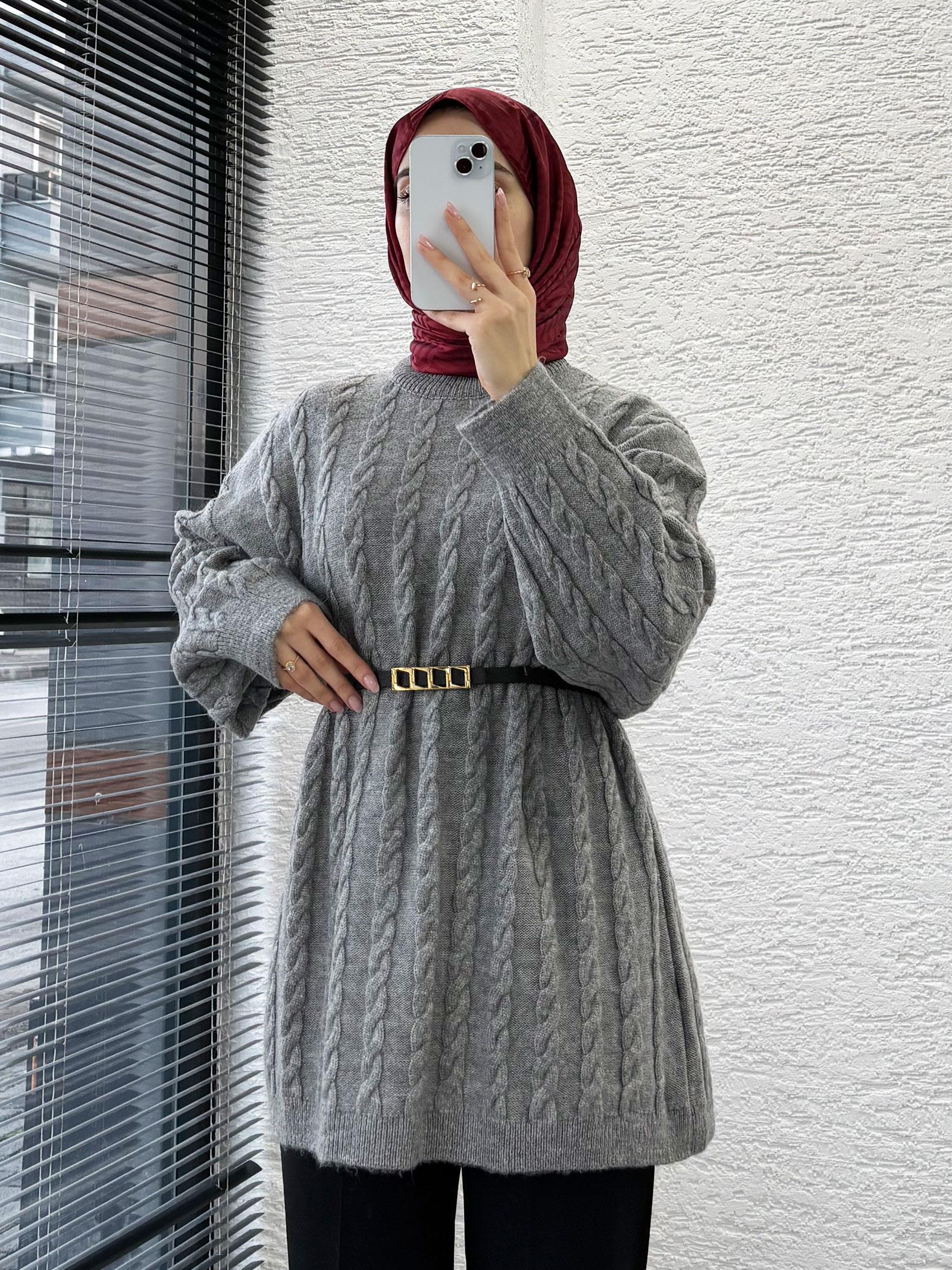 Gri Örgü Desenli Oversize Kadın Kazak
