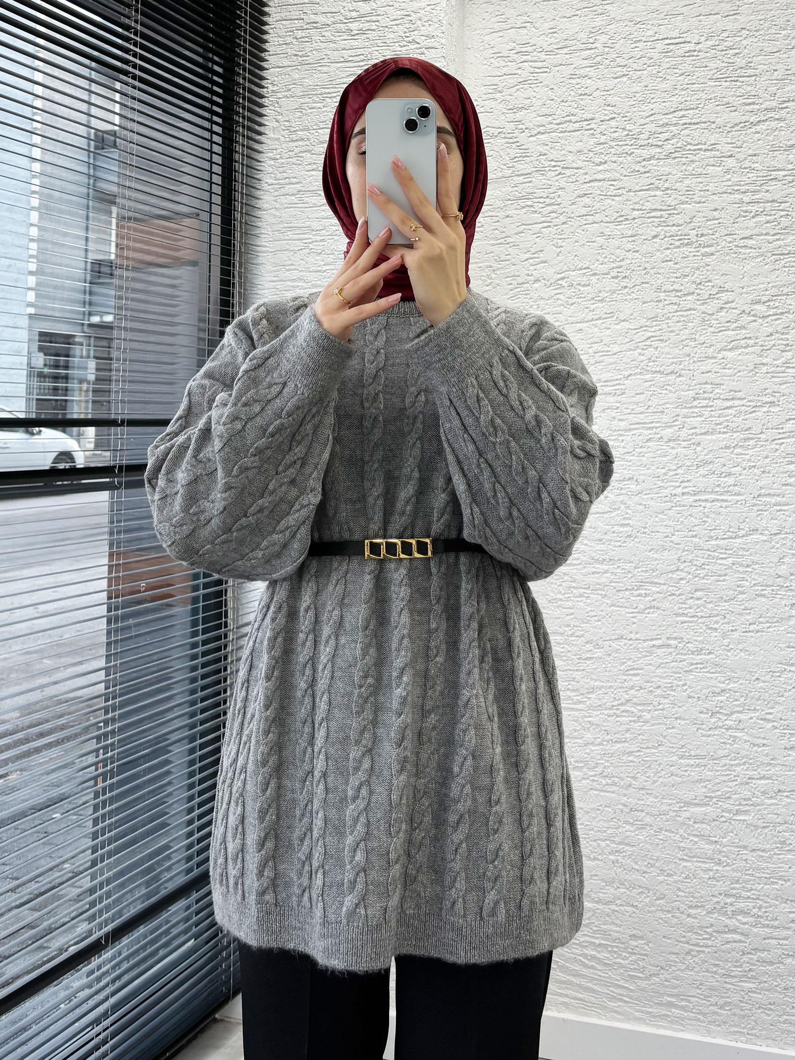Gri Örgü Desenli Oversize Kadın Kazak