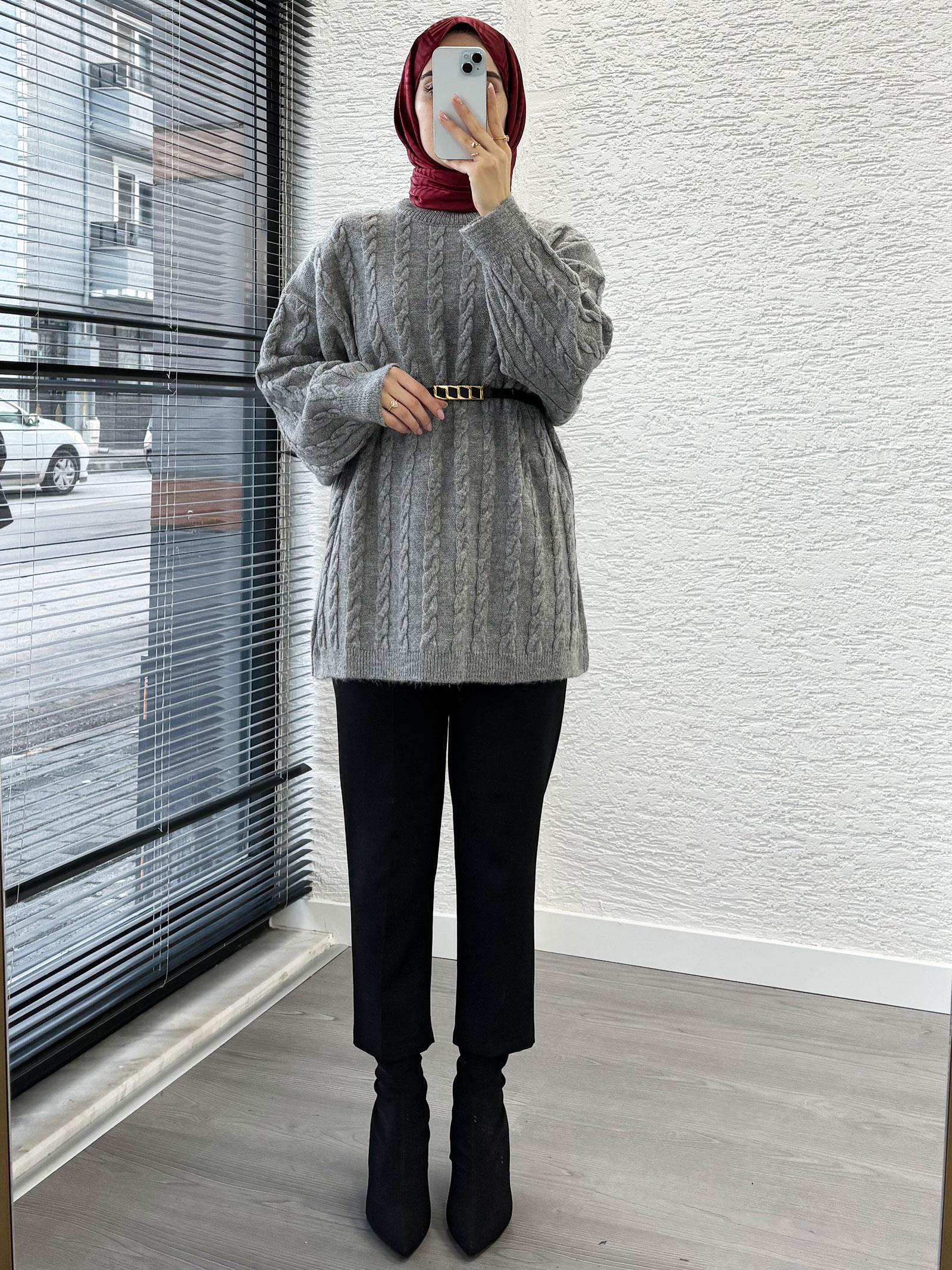 Gri Örgü Desenli Oversize Kadın Kazak