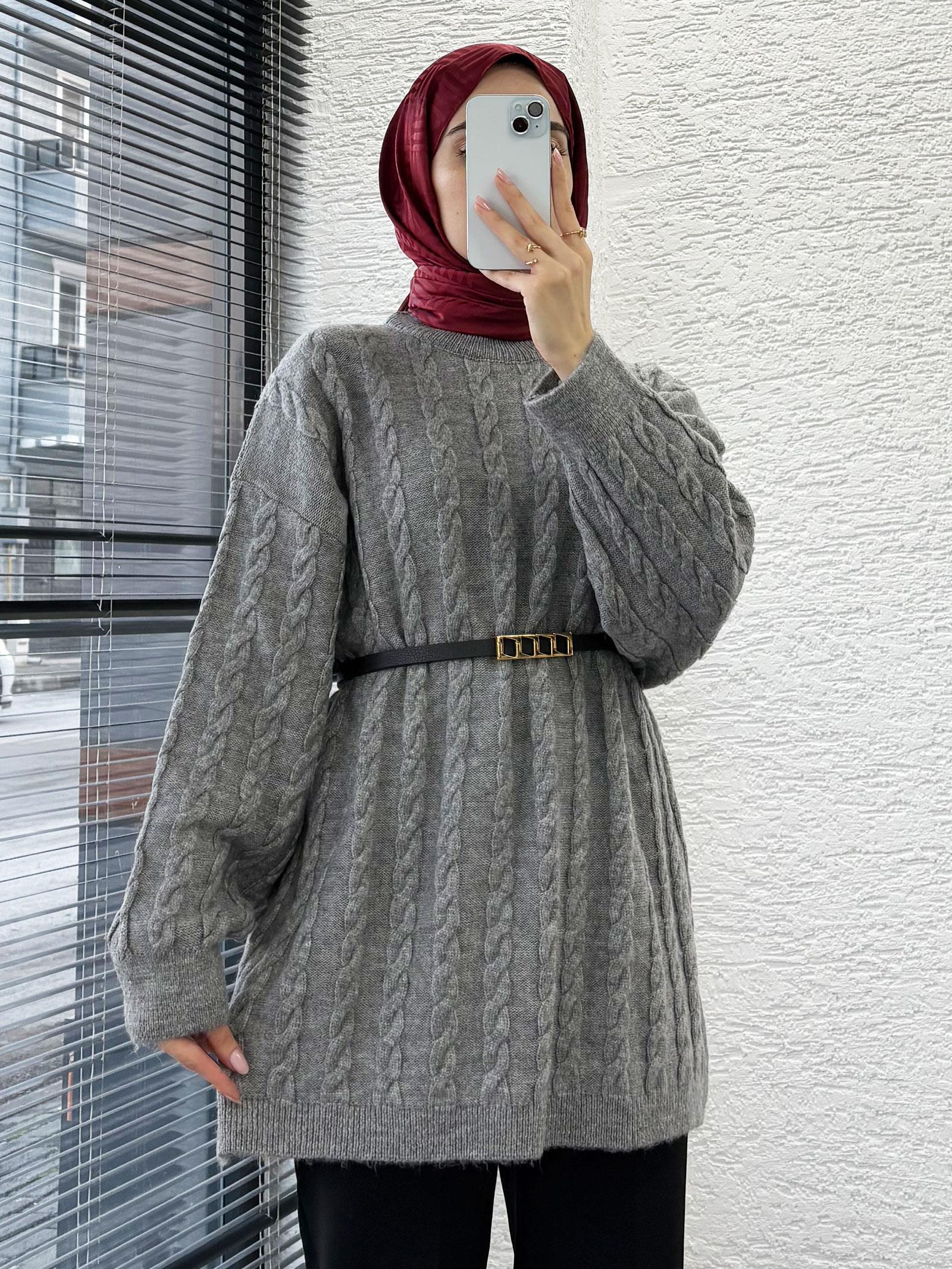 Gri Örgü Desenli Oversize Kadın Kazak