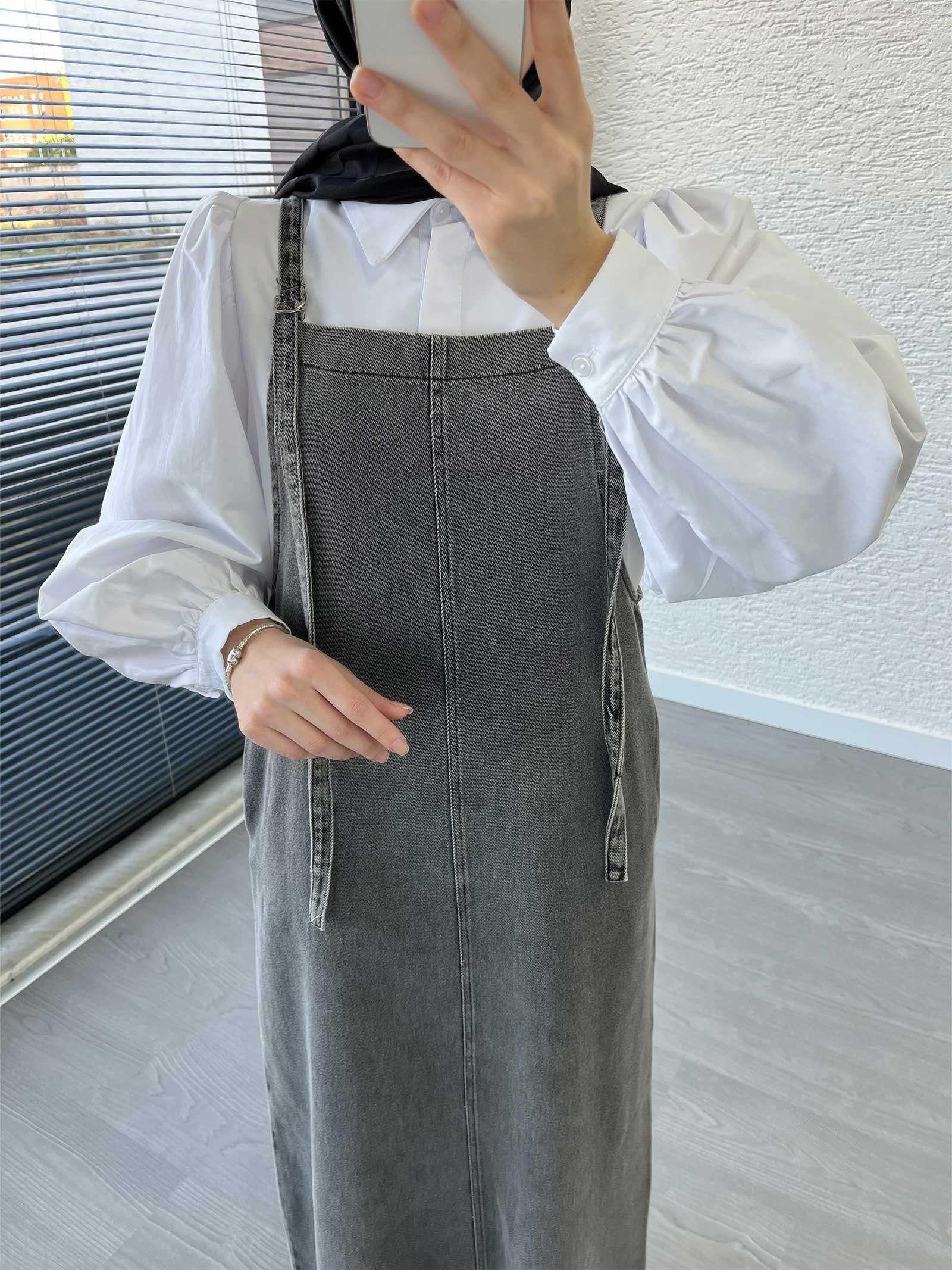 Gri Uzun Denim Kot Salopet Jile Elbise