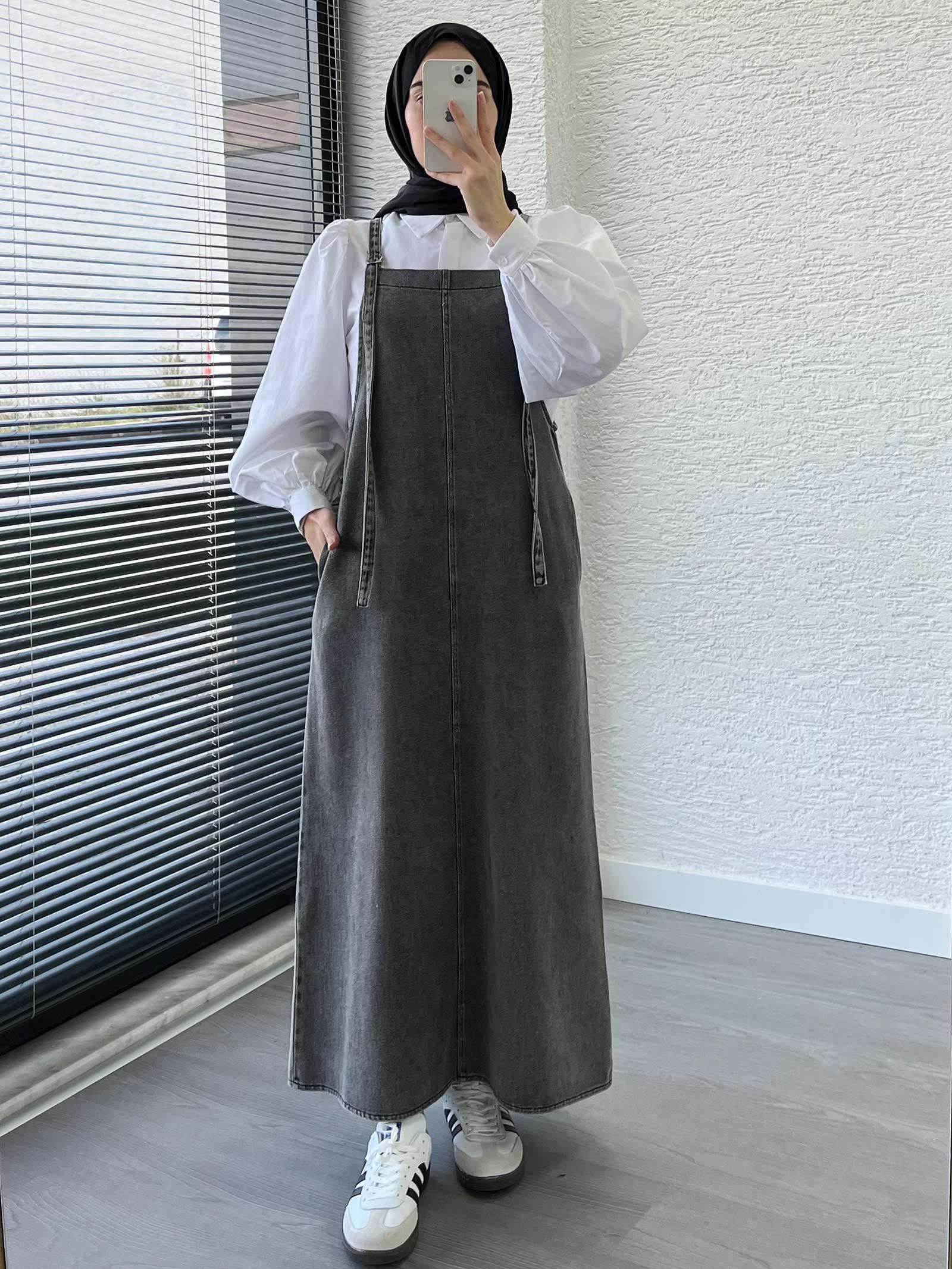 Gri Uzun Denim Kot Salopet Jile Elbise