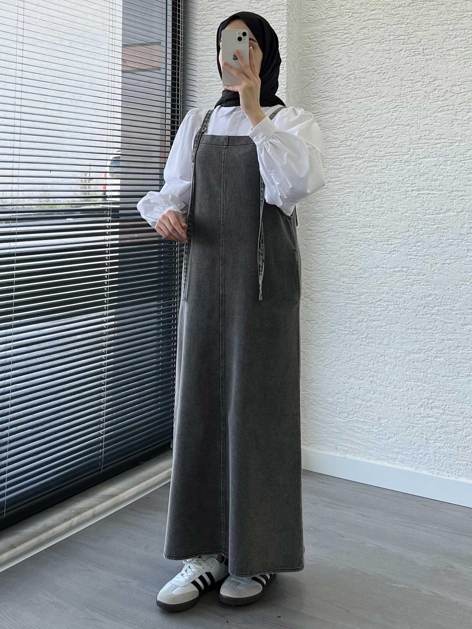 Gri Uzun Denim Kot Salopet Jile Elbise