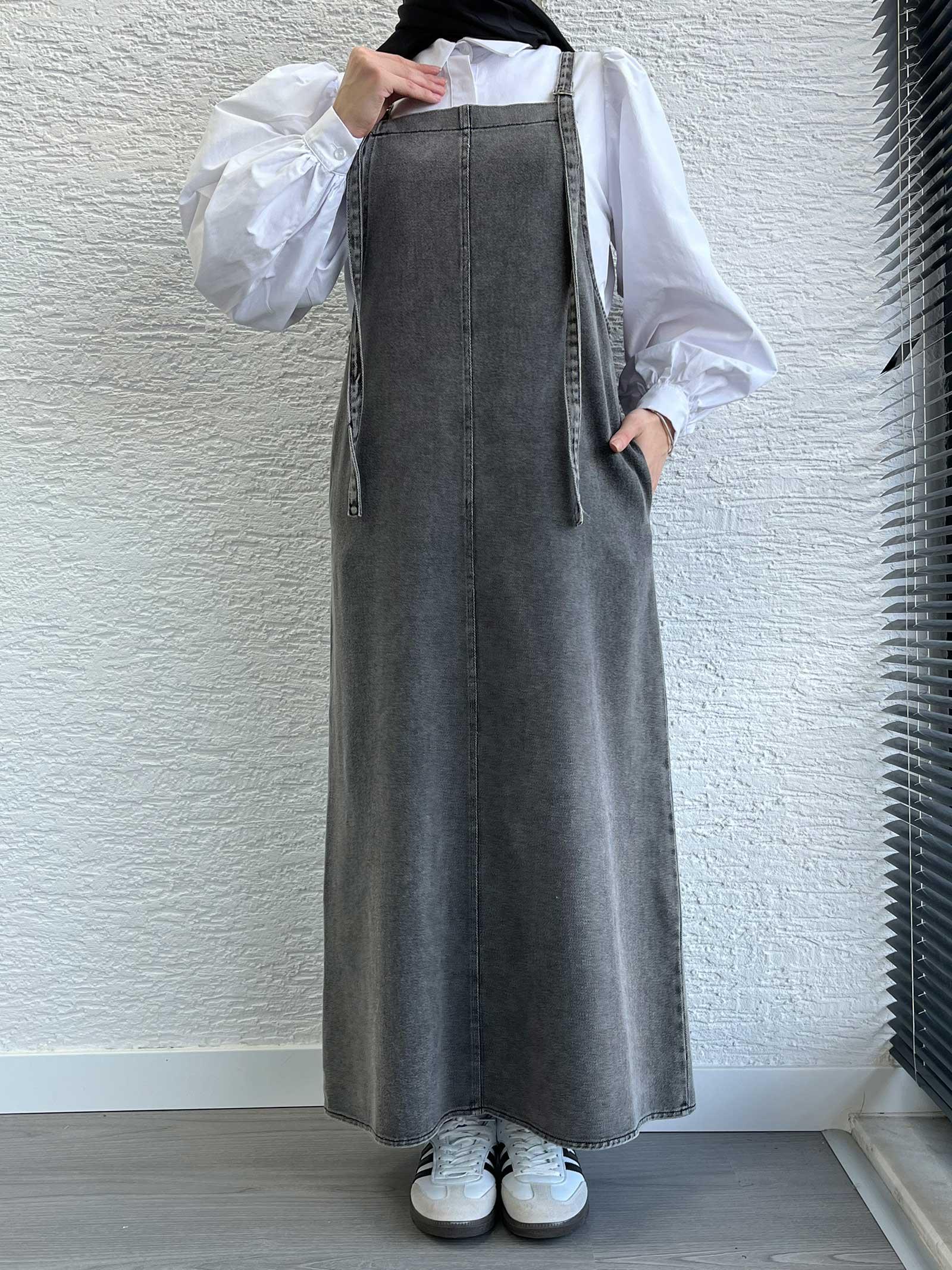 Gri Uzun Denim Kot Salopet Jile Elbise