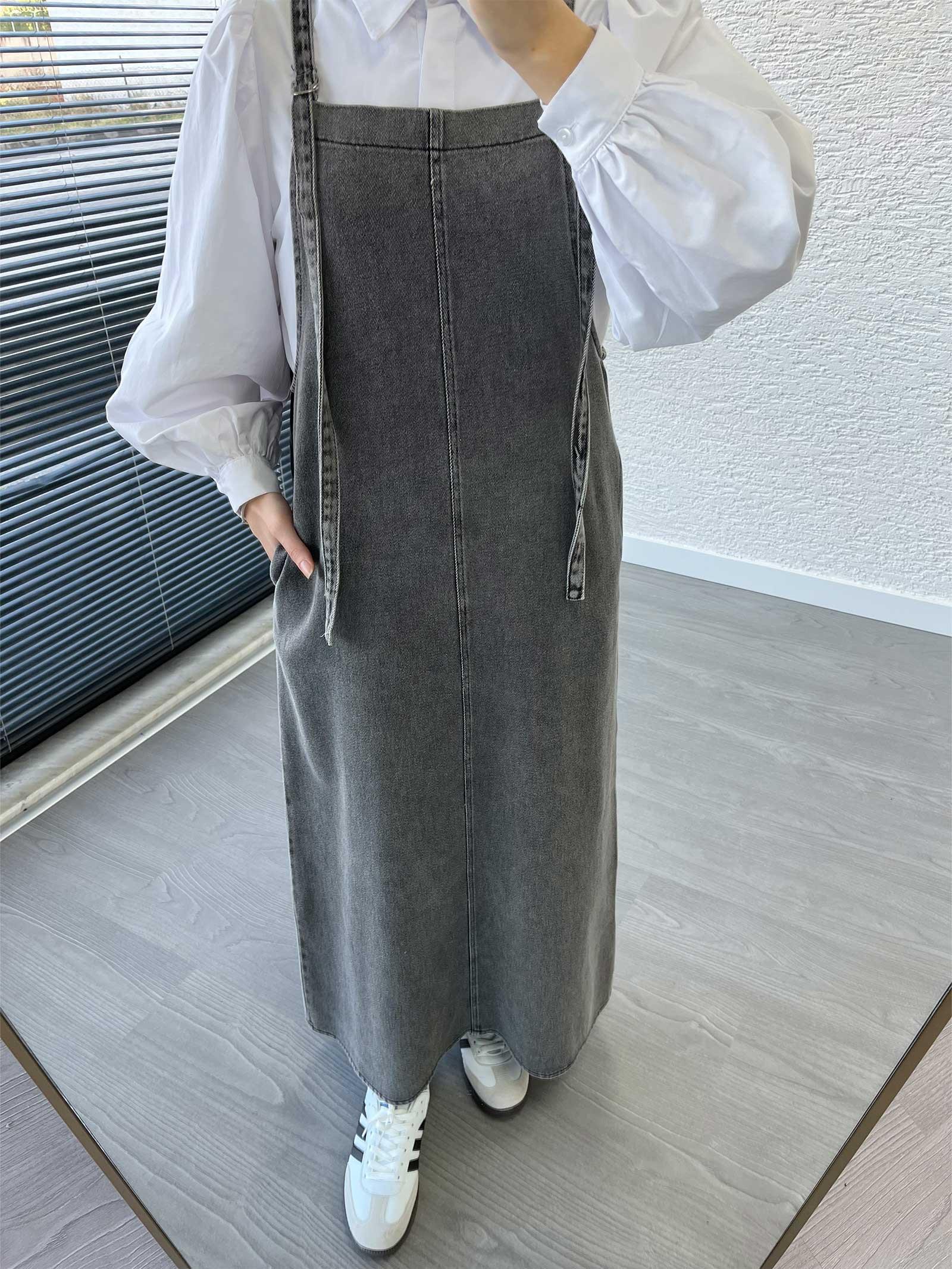 Gri Uzun Denim Kot Salopet Jile Elbise