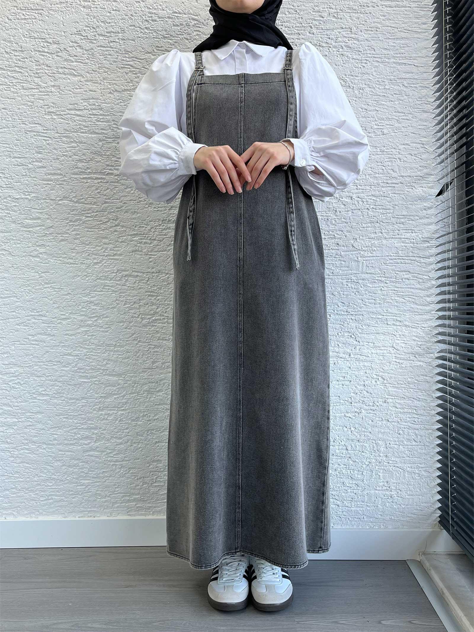 Gri Uzun Denim Kot Salopet Jile Elbise