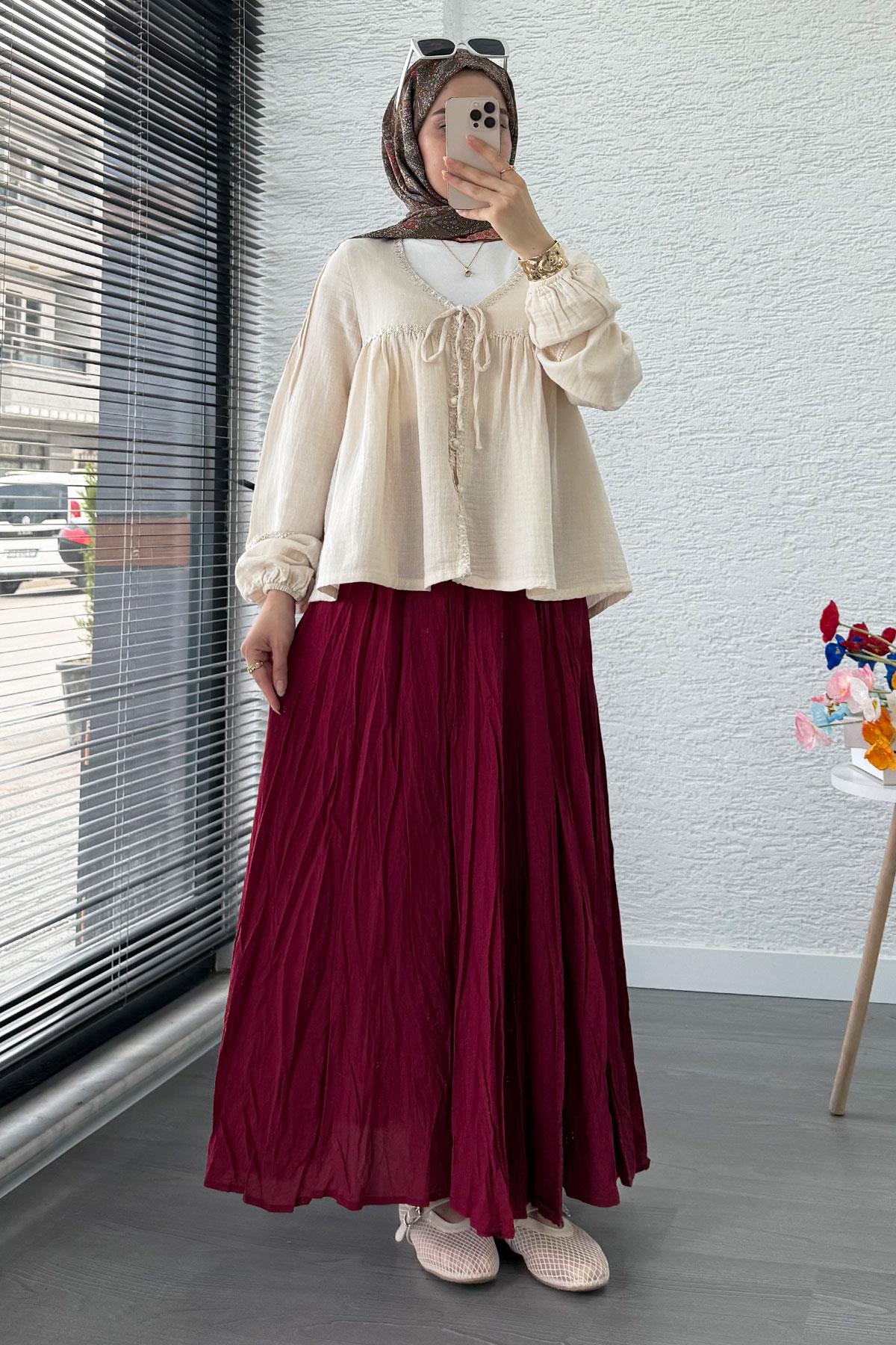 Güpür Detaylı Müslin Kısa Kimono – Bej