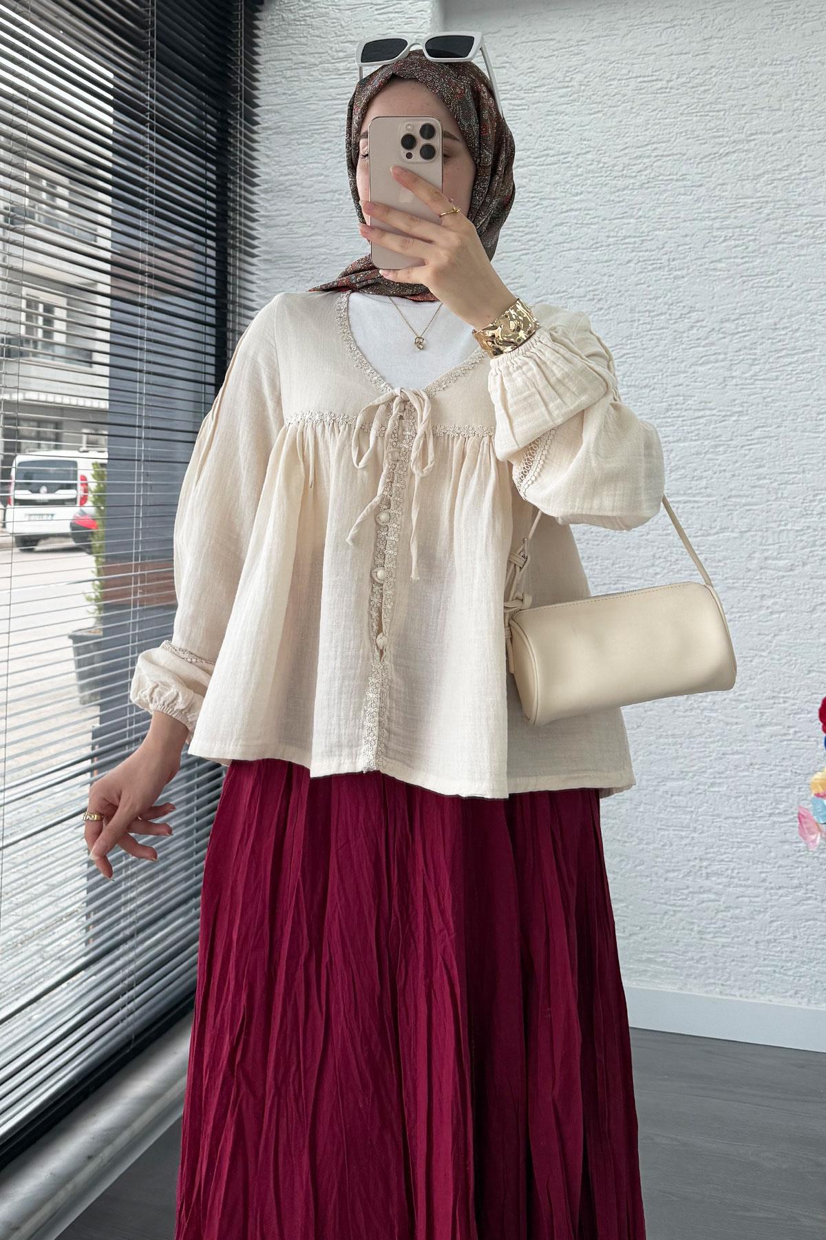 Güpür Detaylı Müslin Kısa Kimono – Bej