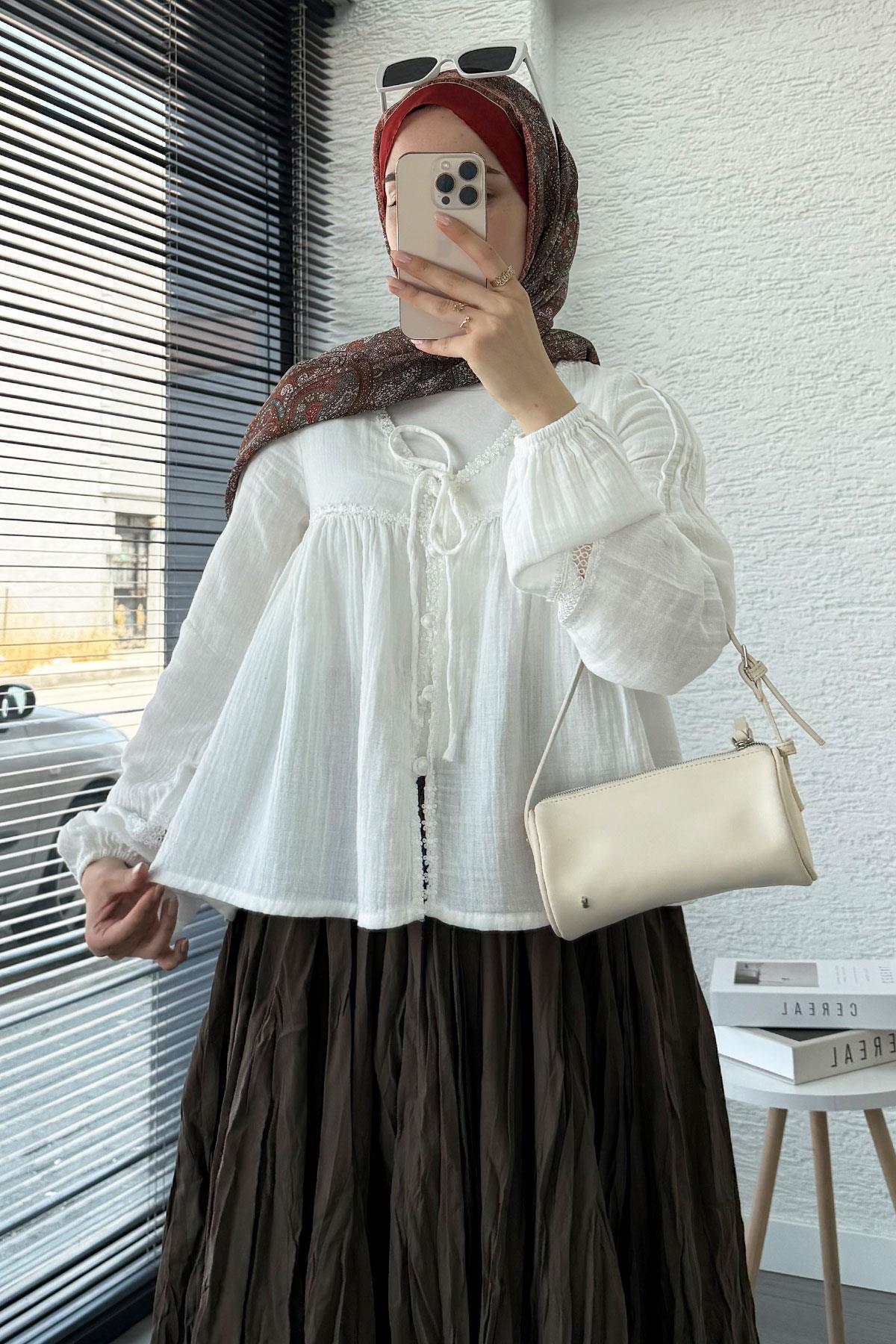 Güpür Detaylı Müslin Kısa Kimono – Beyaz