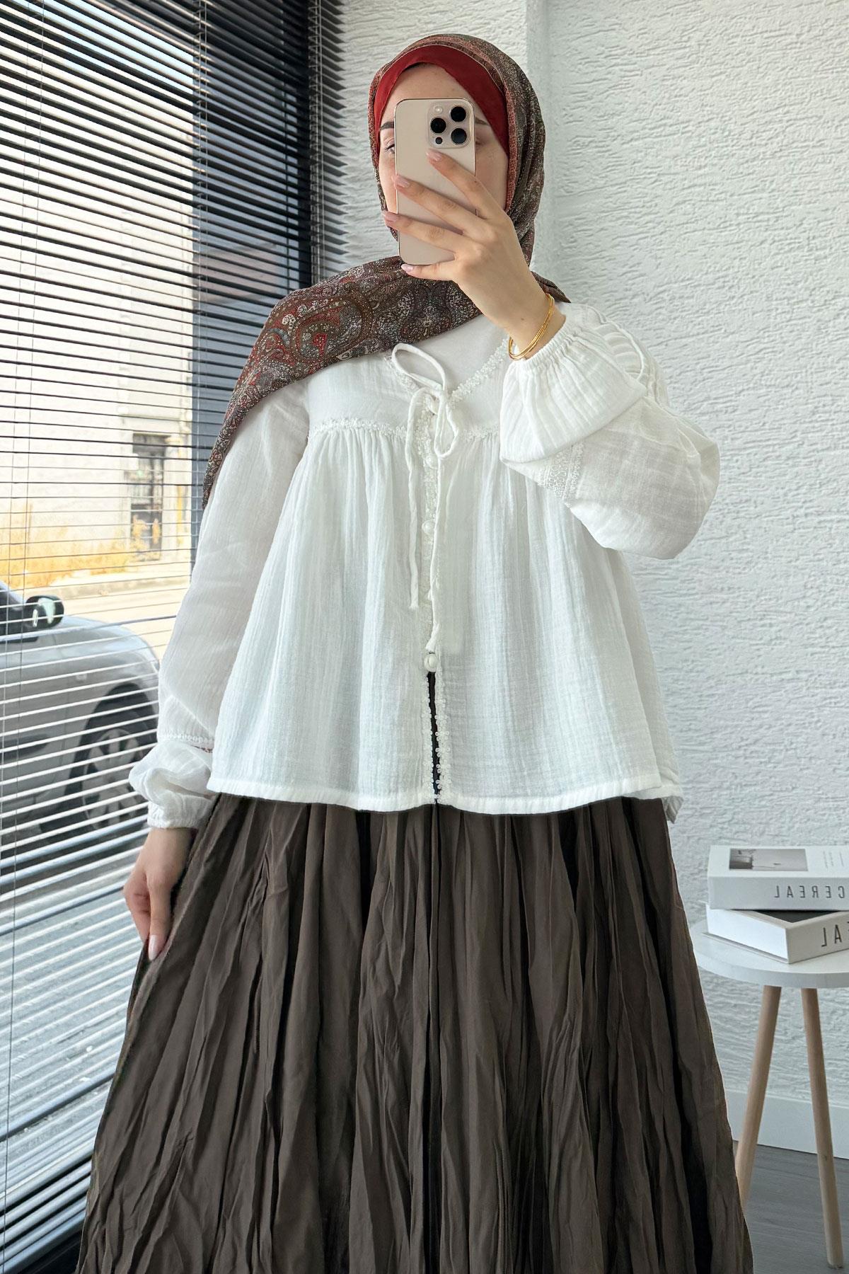 Güpür Detaylı Müslin Kısa Kimono – Beyaz