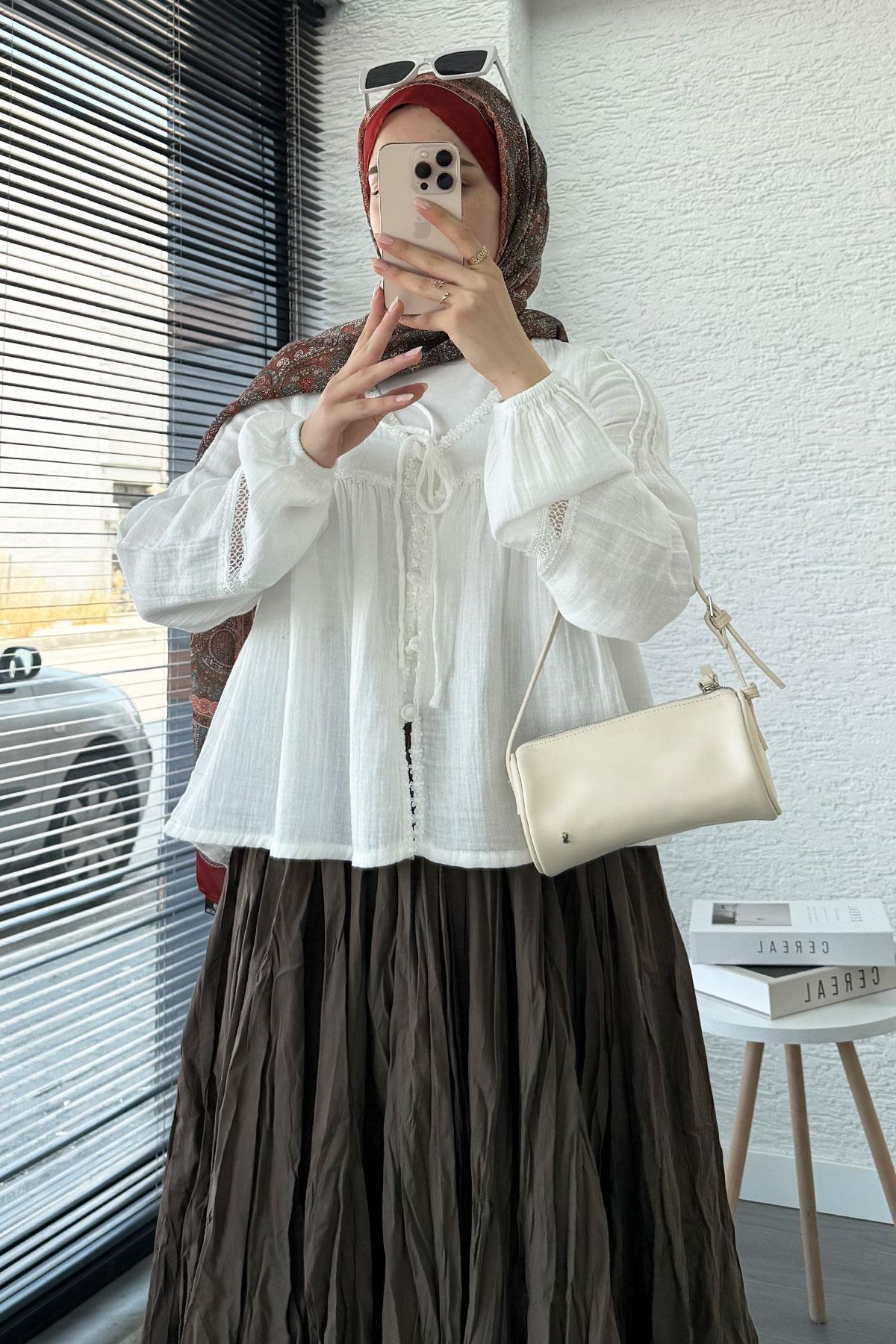 Güpür Detaylı Müslin Kısa Kimono – Beyaz