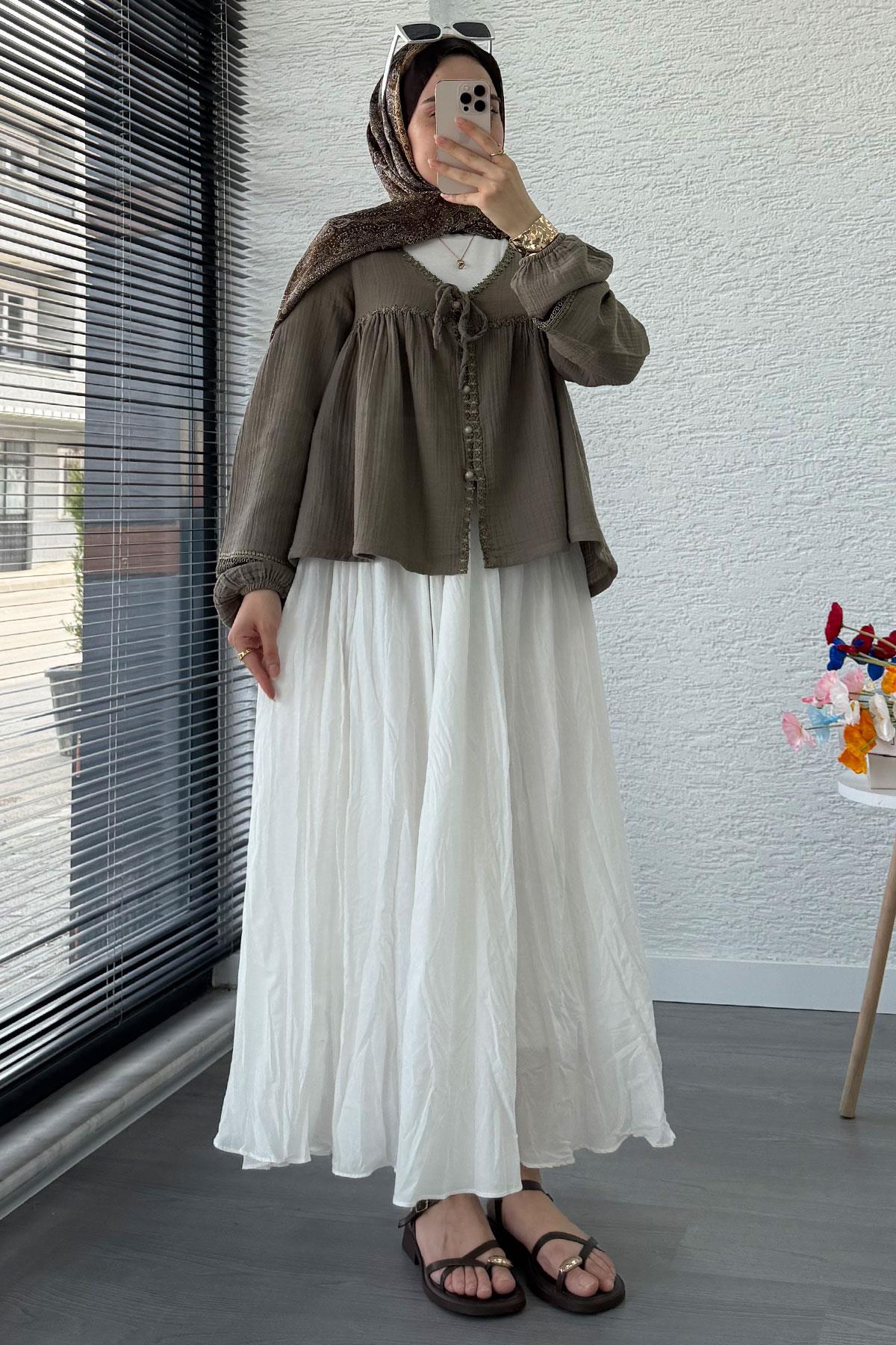 Güpür Detaylı Müslin Kısa Kimono – Haki