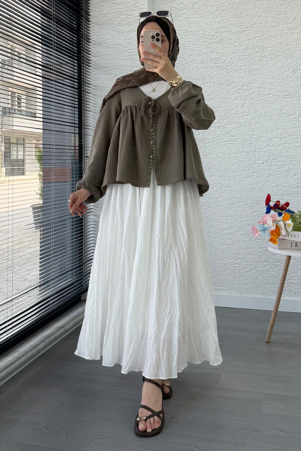 Güpür Detaylı Müslin Kısa Kimono – Haki