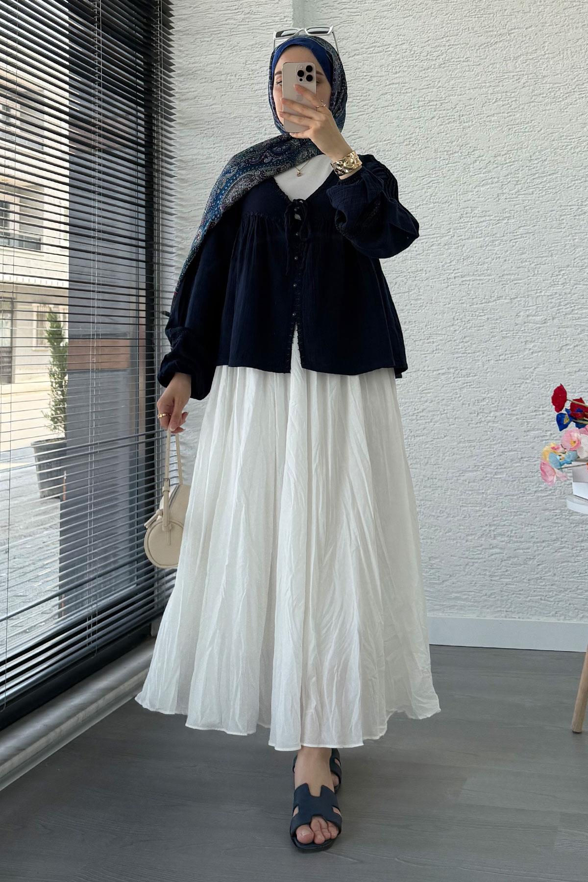 Güpür Detaylı Müslin Kısa Kimono – Lacivert
