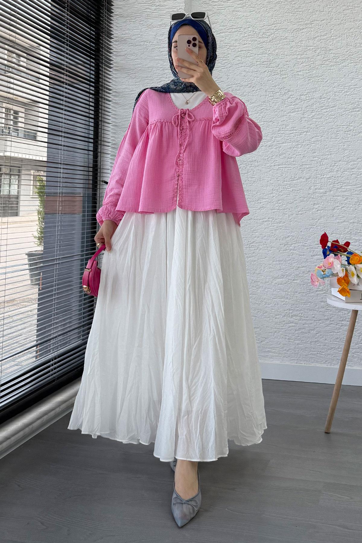 Güpür Detaylı Müslin Kısa Kimono – Pembe