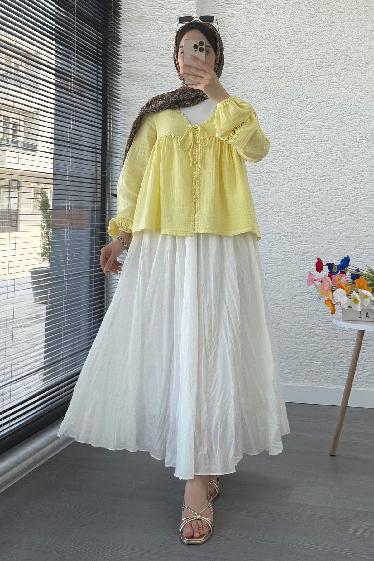 Güpür Detaylı Müslin Kısa Kimono – Sarı