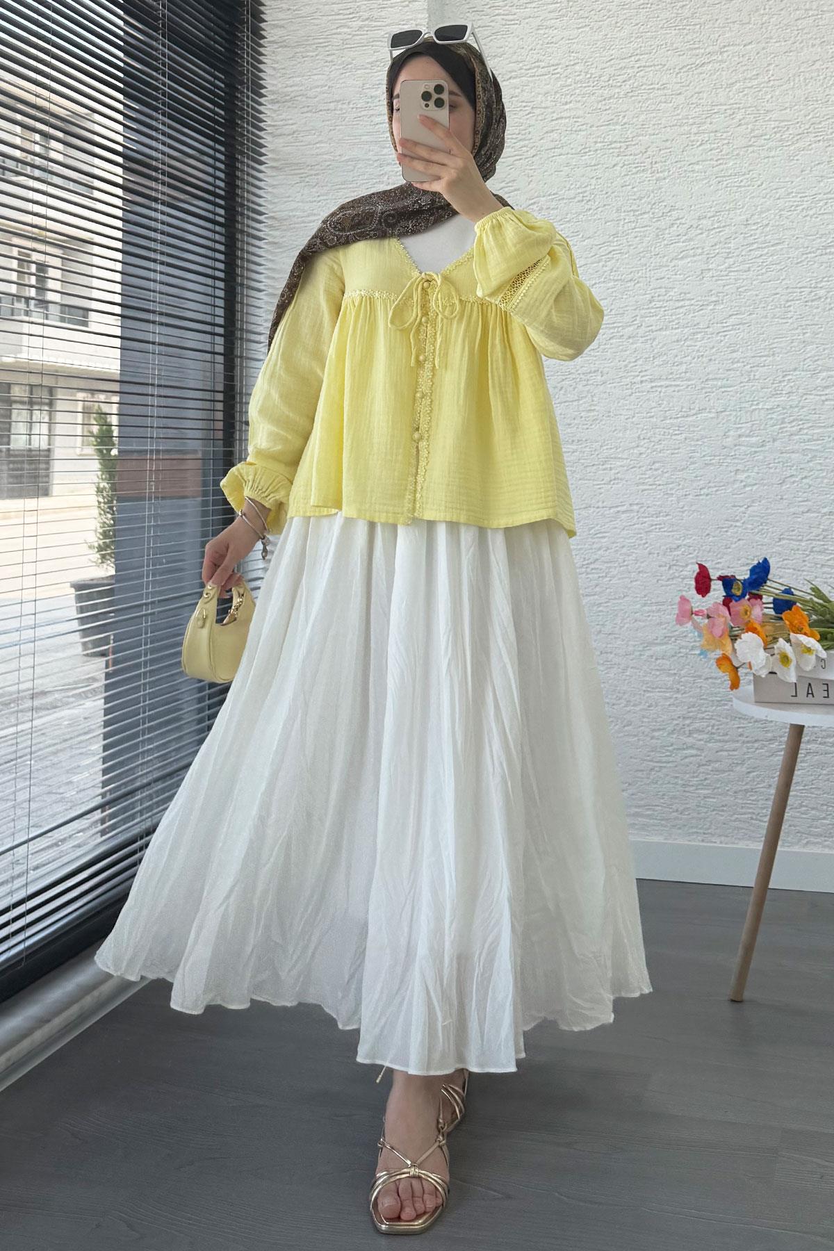 Güpür Detaylı Müslin Kısa Kimono – Sarı