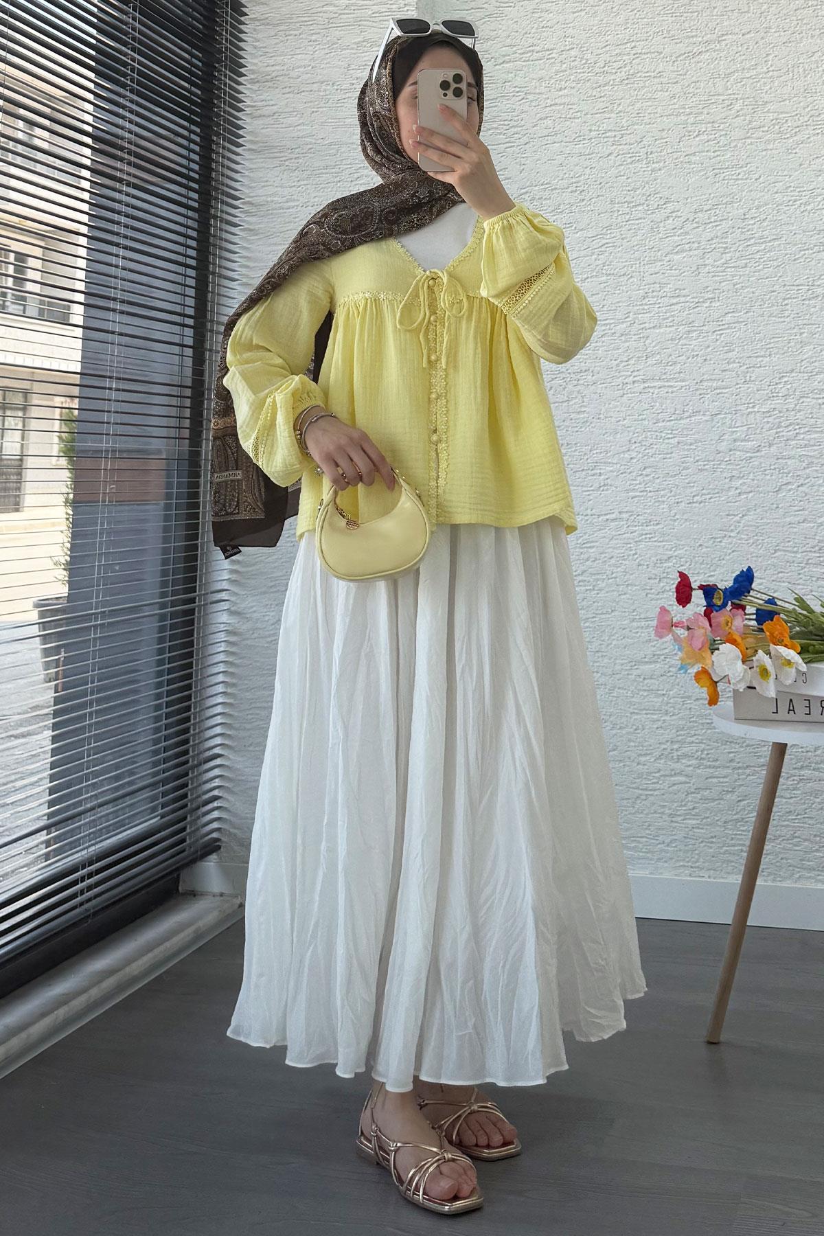 Güpür Detaylı Müslin Kısa Kimono – Sarı