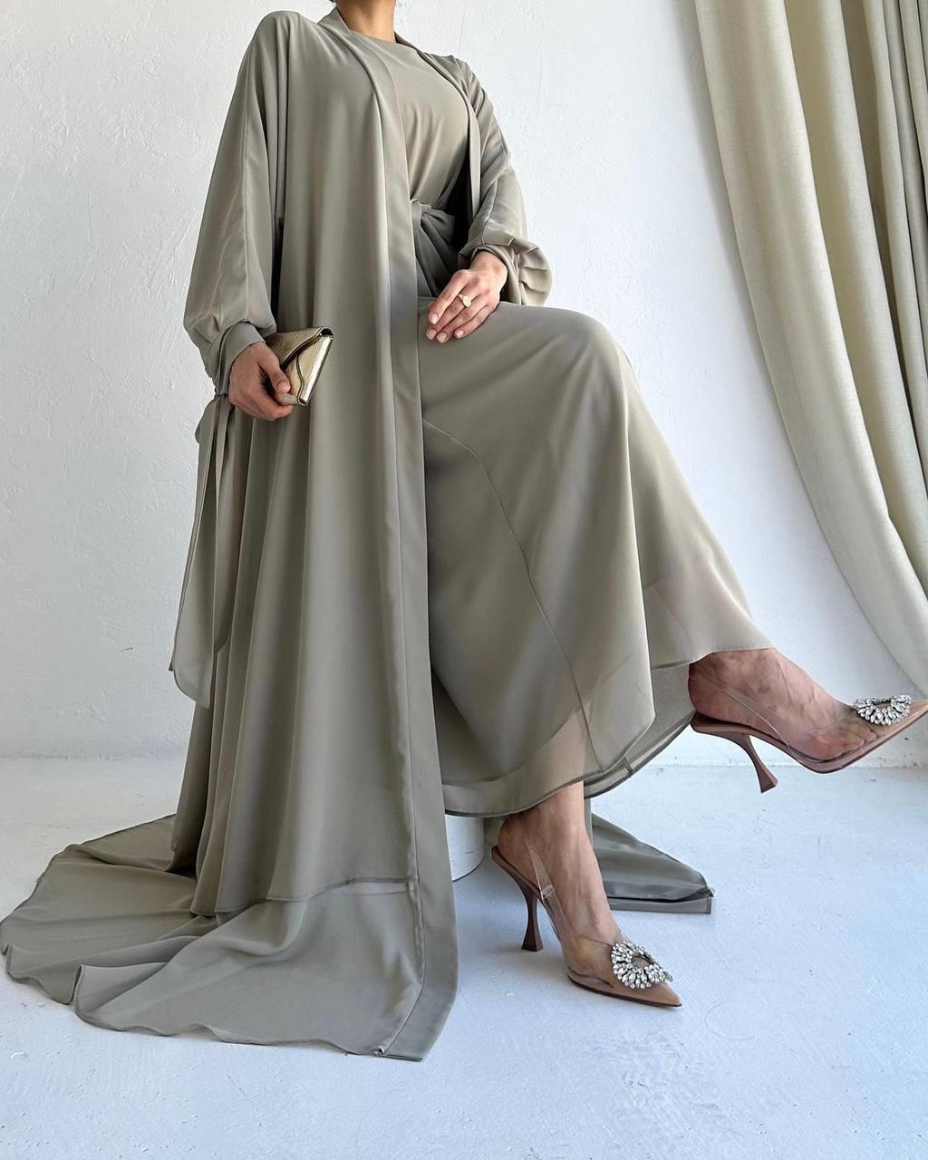 Haki Ella Şifon Abaya Takım