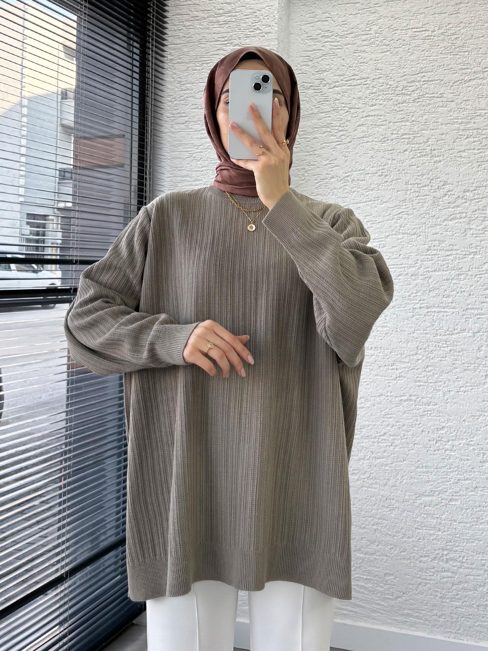 Haki Kadın Fitilli Oversize Kazak