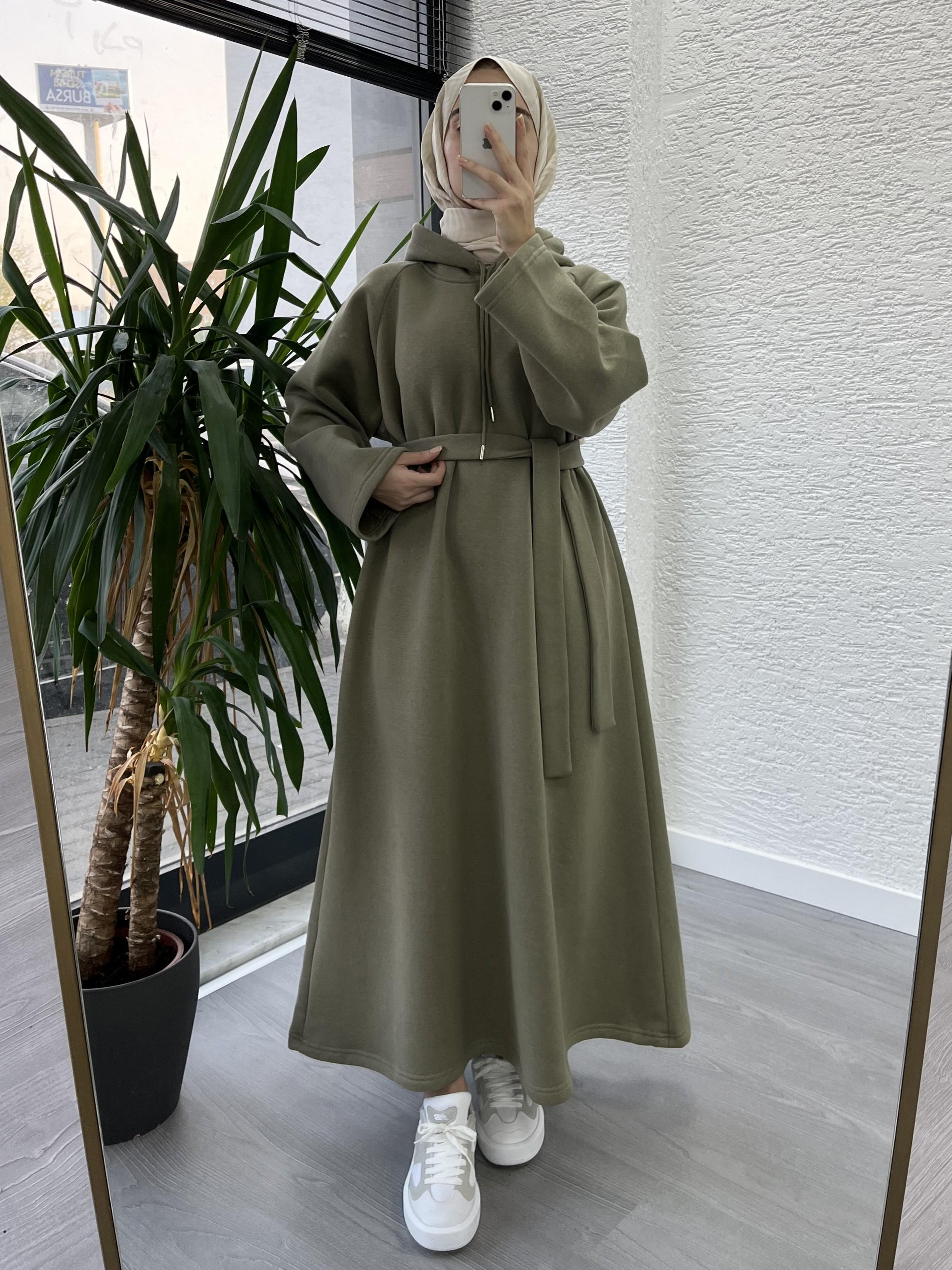 Haki Kapşonlu Oversize Sweat Elbise