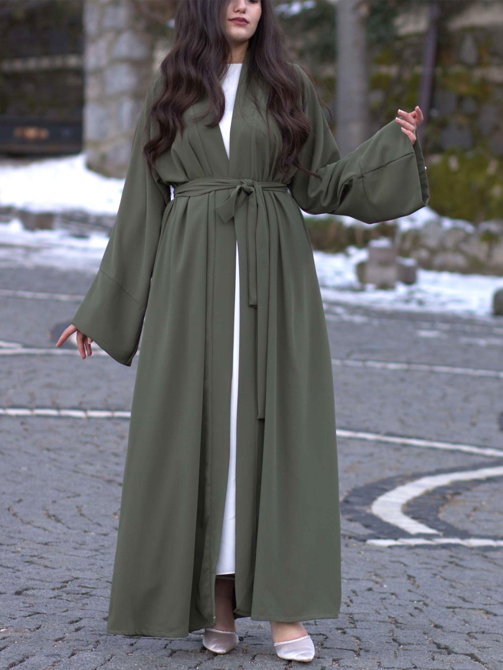 Haki Kolu Taşlı Ala Abaya