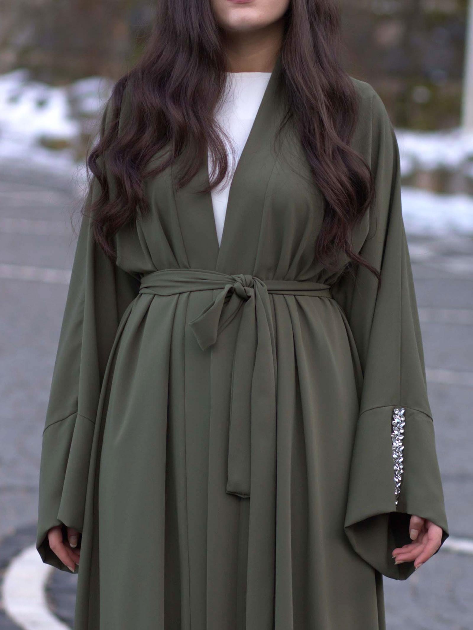 Haki Kolu Taşlı Ala Abaya