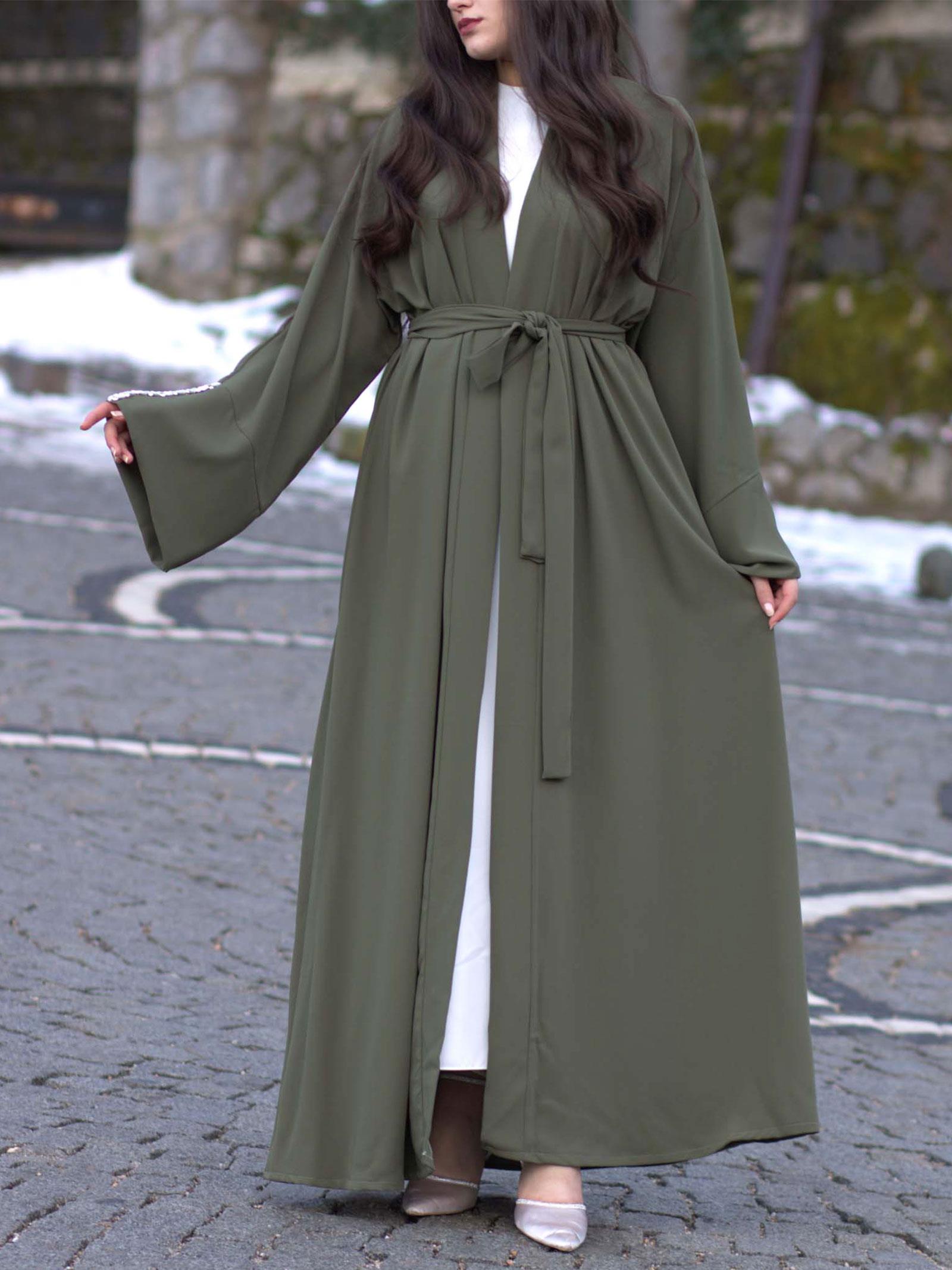 Haki Kolu Taşlı Ala Abaya