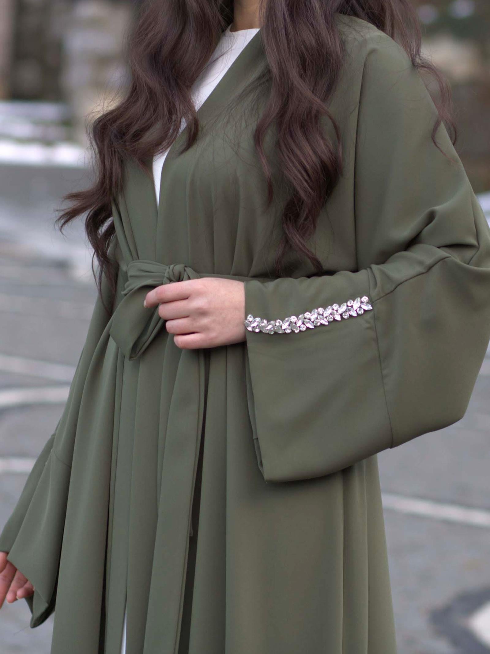 Haki Kolu Taşlı Ala Abaya