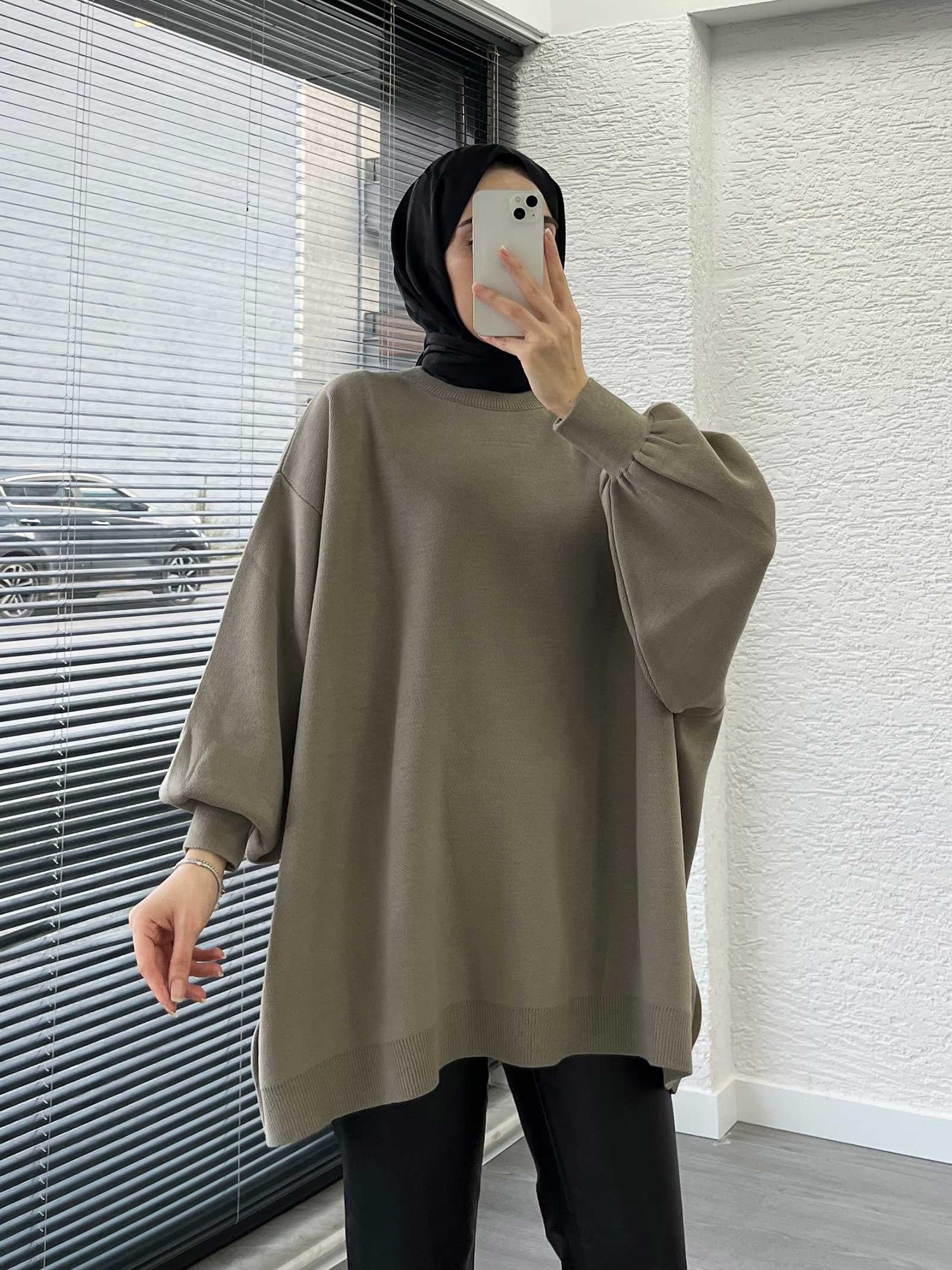 Haki Yarasa Kollu Oversize Kadın Kazak