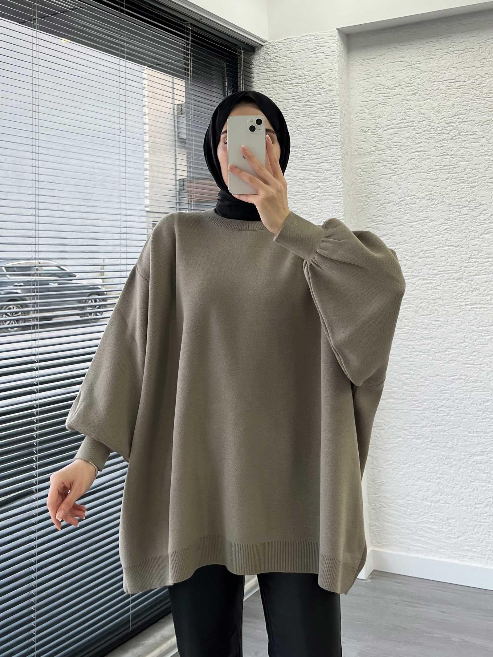 Haki Yarasa Kollu Oversize Kadın Kazak