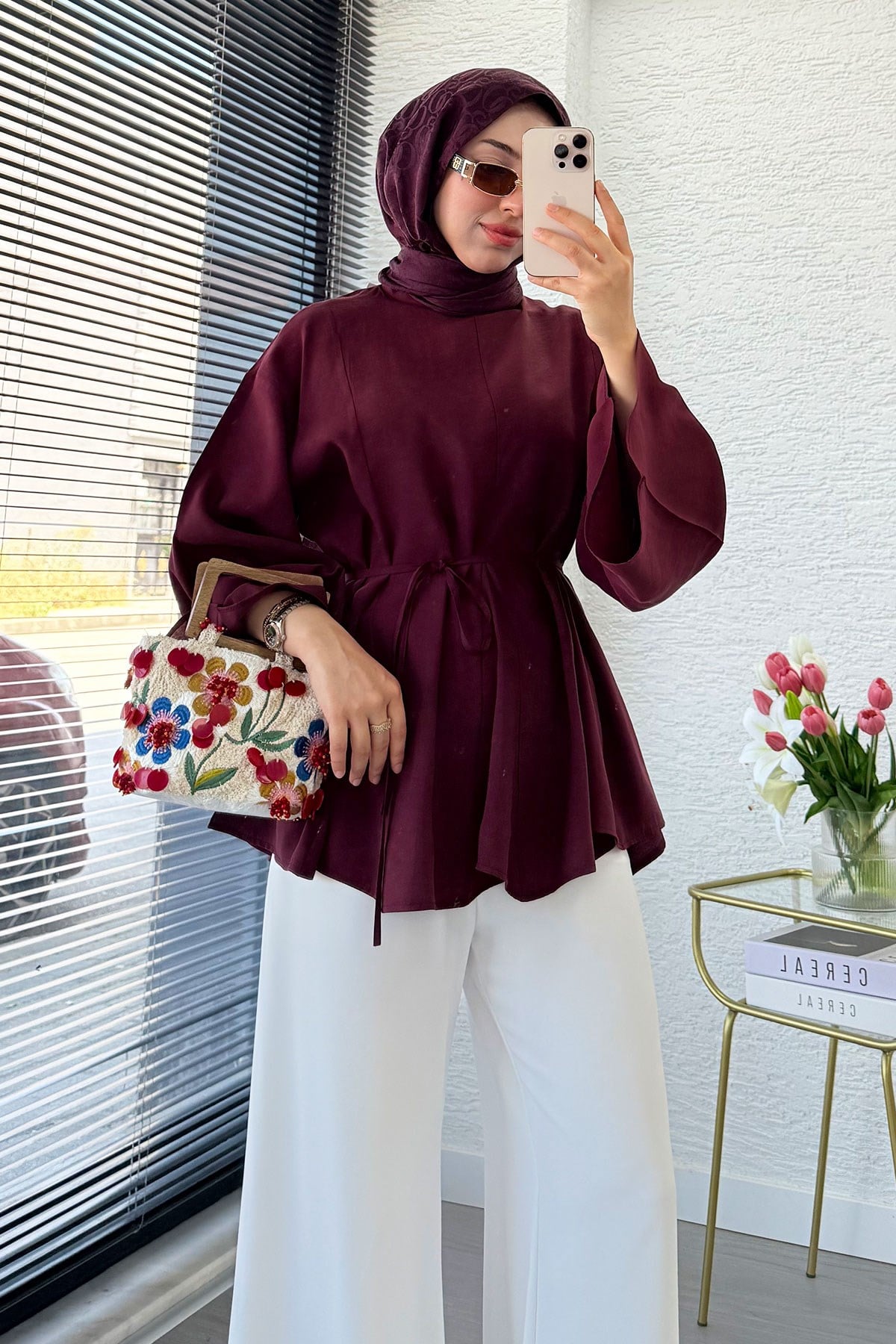 Hakim Yaka Volanlı Modal Bluz – Bordo