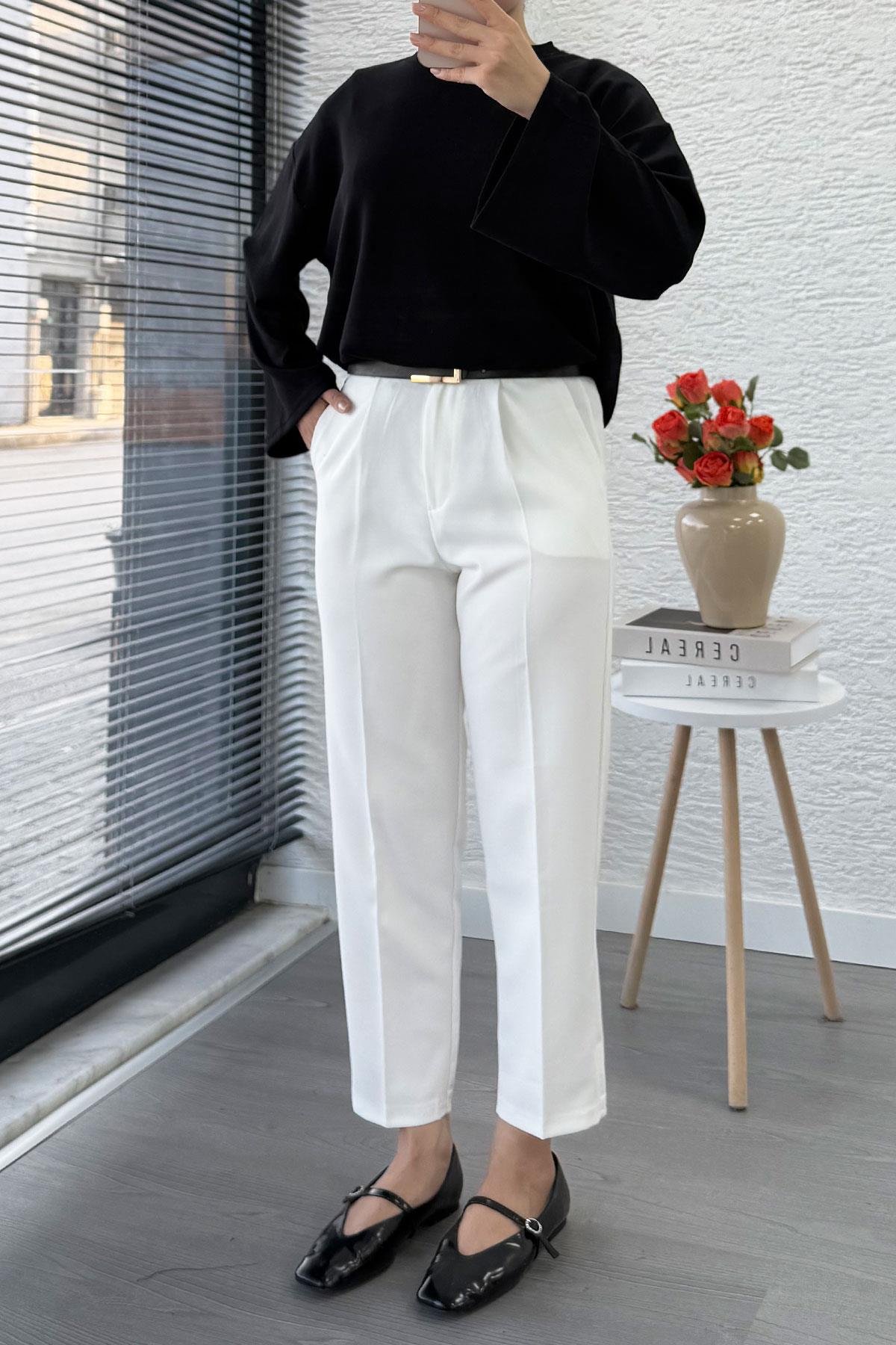 Havuç Kesim Yüksek Bel Casual Pantolon - Beyaz