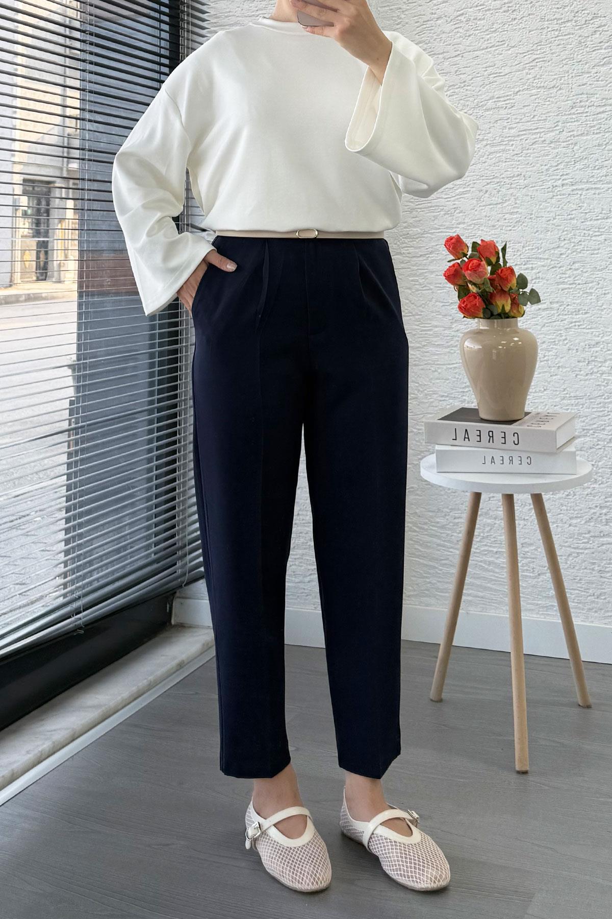 Havuç Kesim Yüksek Bel Casual Pantolon - Lacivert