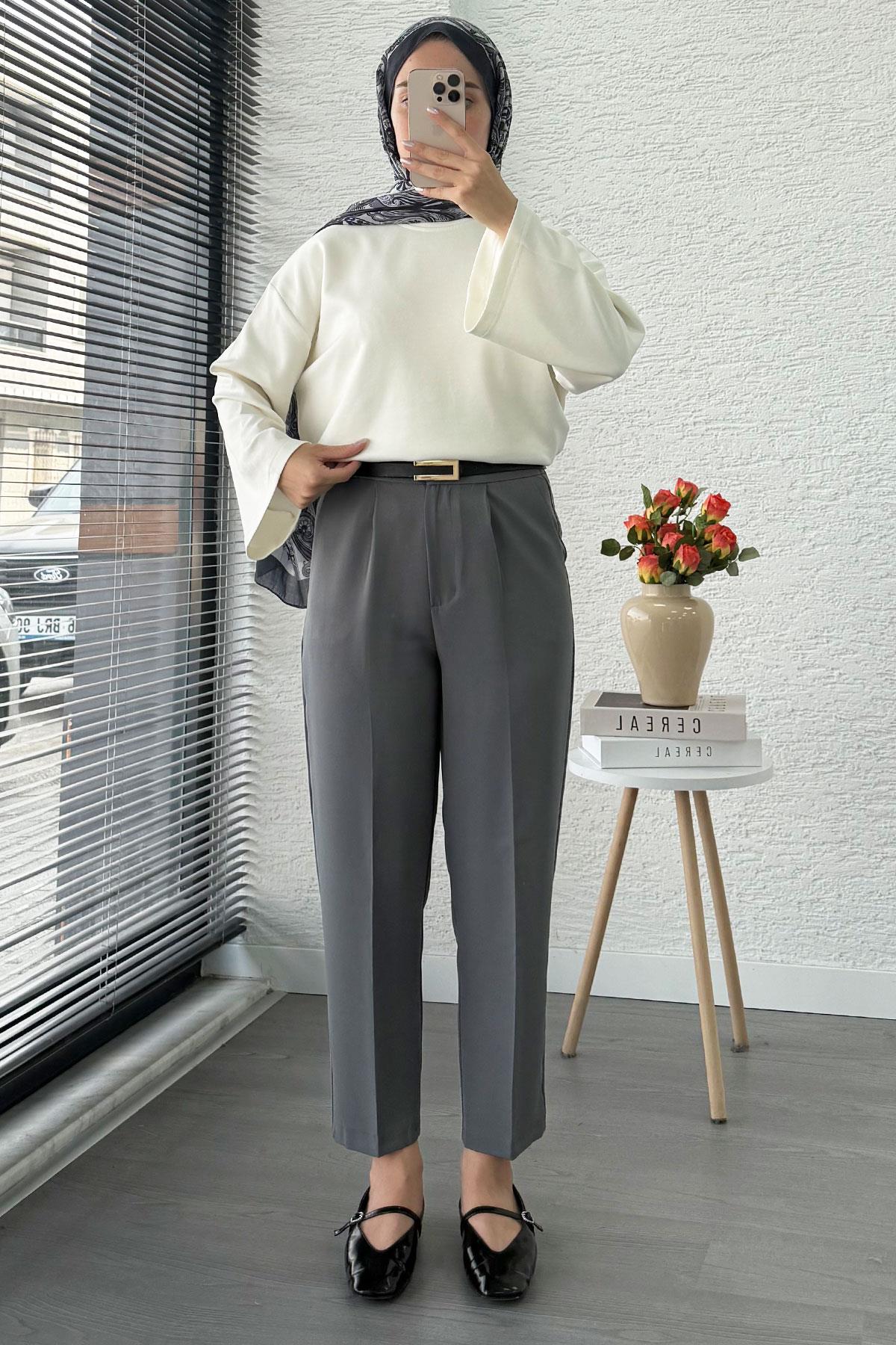 Havuç Kesim Yüksek Bel Casual Pantolon - Füme