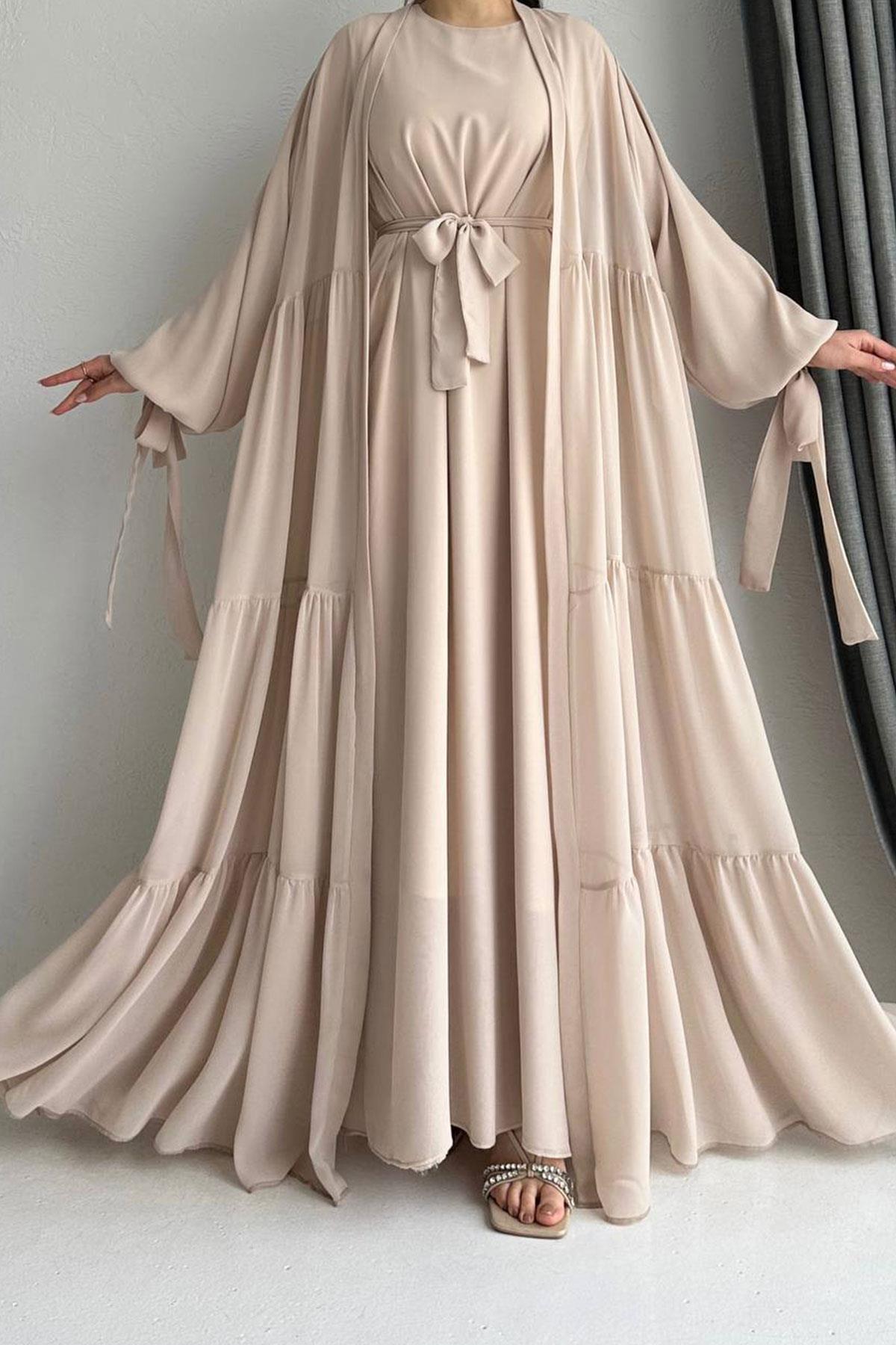 Hena Premium Şifon Abaya Takım – Bej