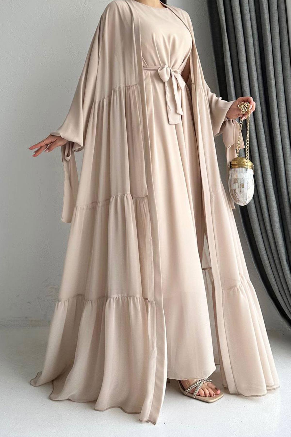 Hena Premium Şifon Abaya Takım – Bej