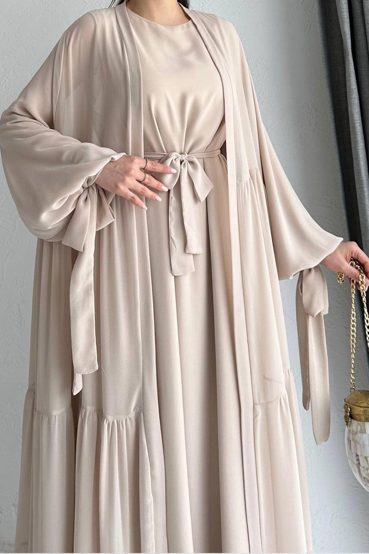Hena Premium Şifon Abaya Takım – Bej